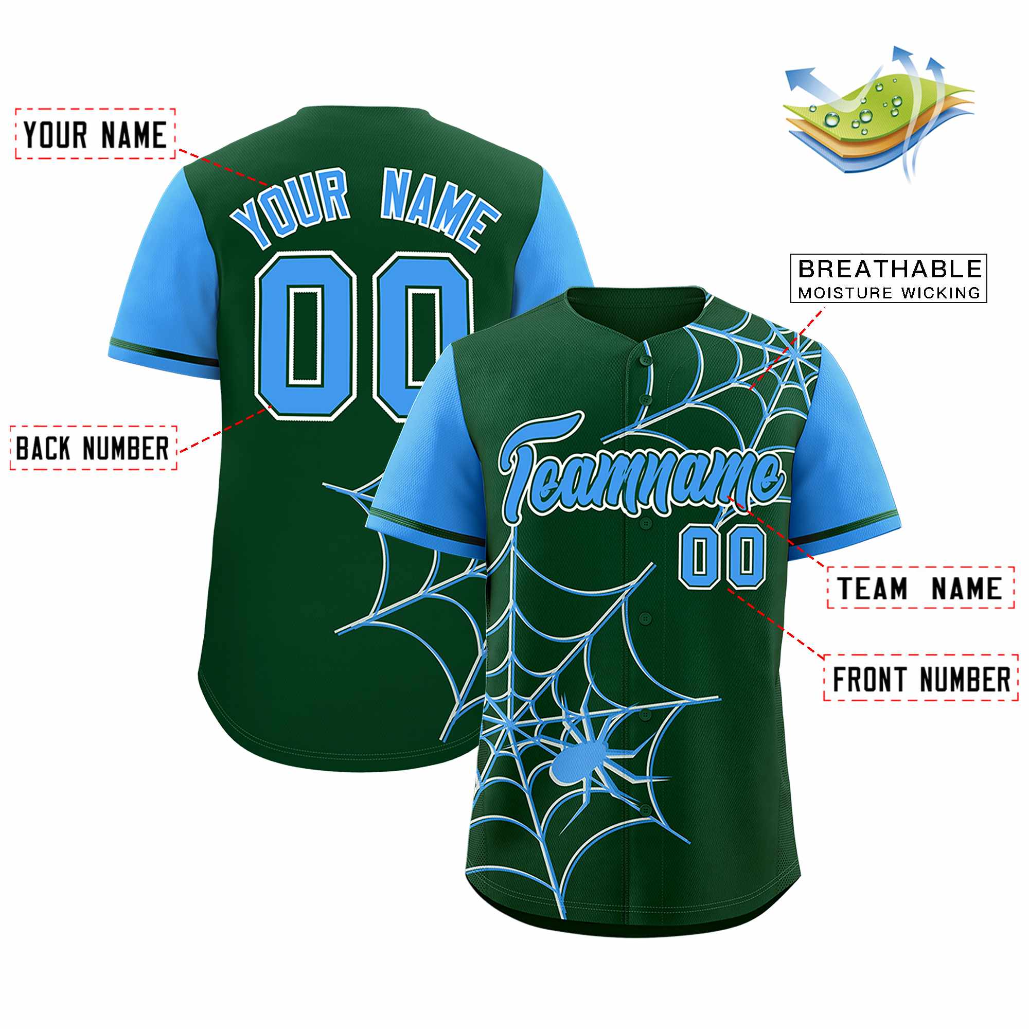 Custom Green-Powder Blue Spider Web Pattern Raglan Sleeves Authentic Baseball Jersey | KXKSHOP