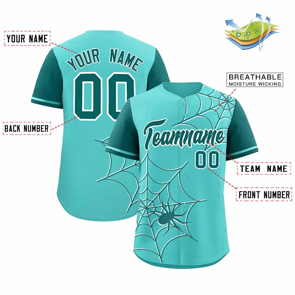 Custom Bright Green-Aqua Spider Web Pattern Raglan Sleeves Authentic Baseball Jersey | KXKSHOP
