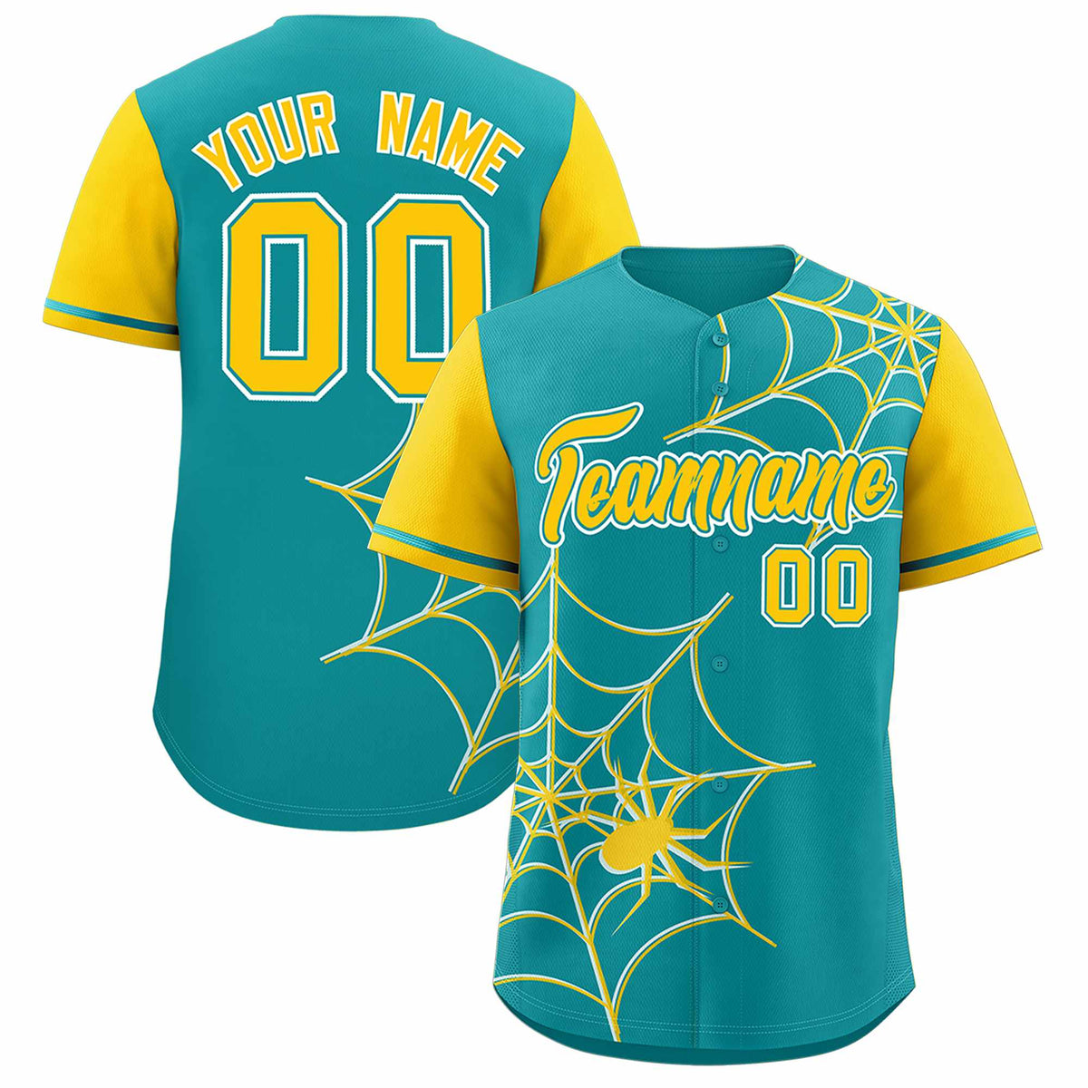 Custom Aqua-Gold Spider Web Pattern Raglan Sleeves Authentic Baseball Jersey | KXKSHOP