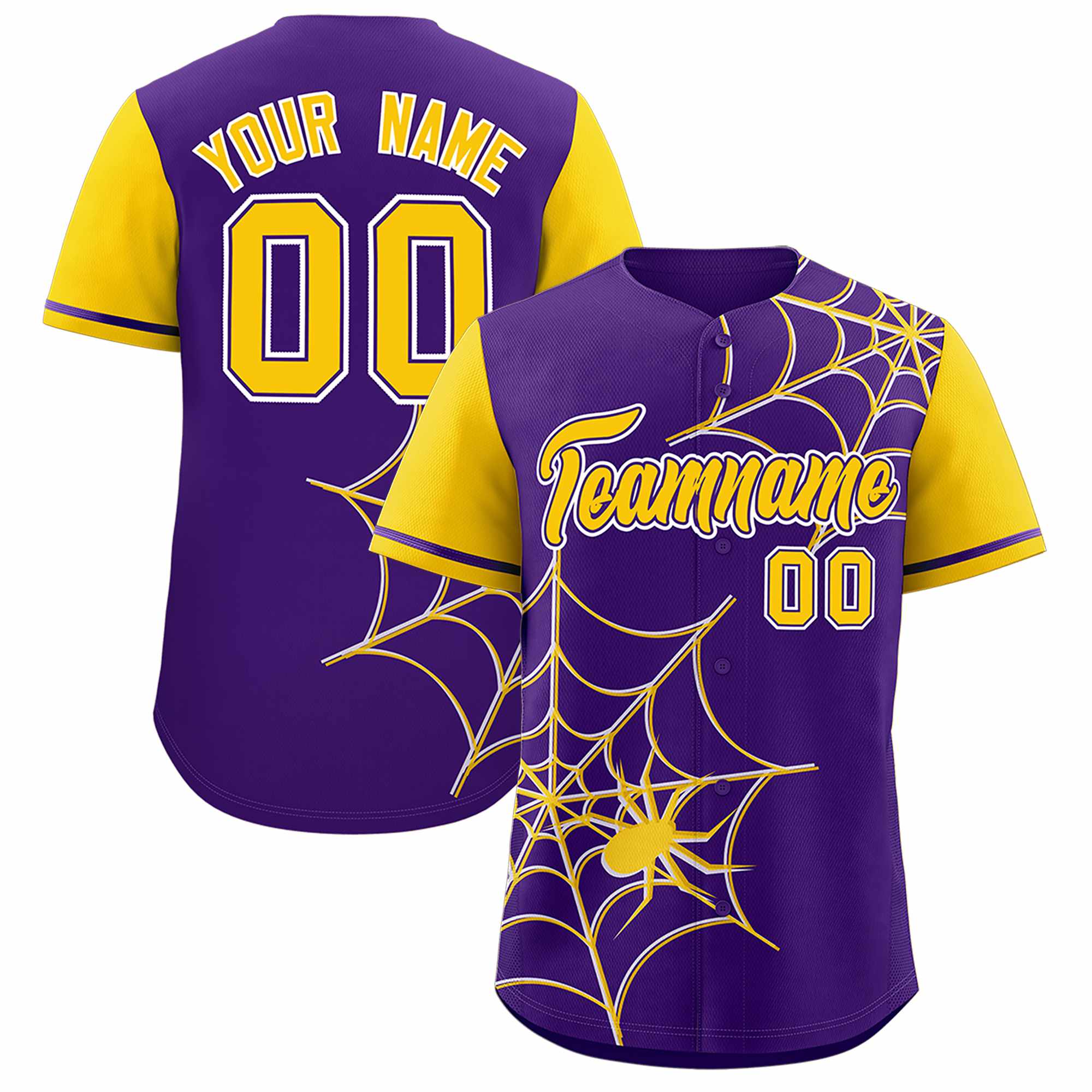 Custom Purple-Gold Spider Web Pattern Raglan Sleeves Authentic Baseball Jersey | KXKSHOP
