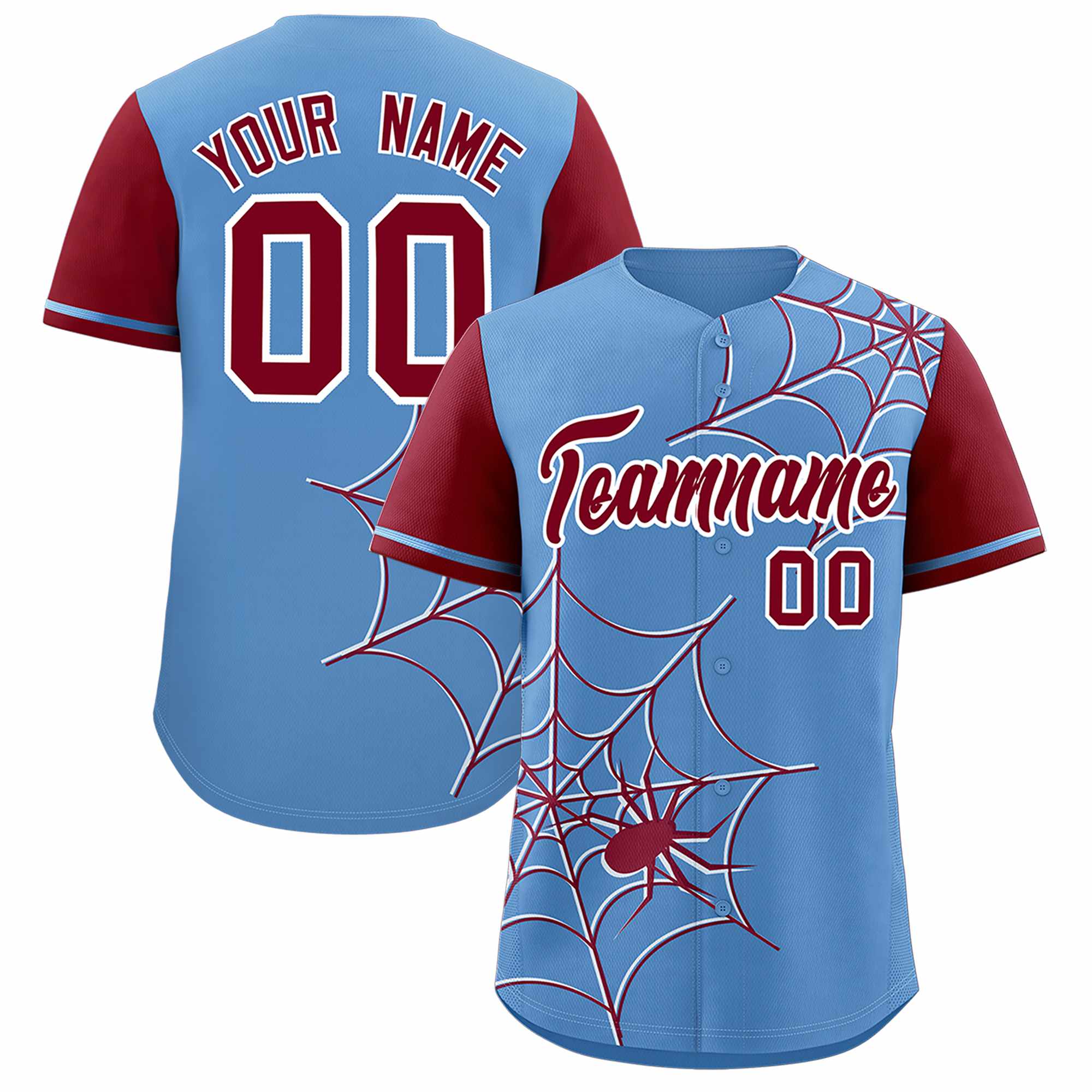 Custom Light Blue-Crimson Spider Web Pattern Raglan Sleeves Authentic Baseball Jersey | KXKSHOP