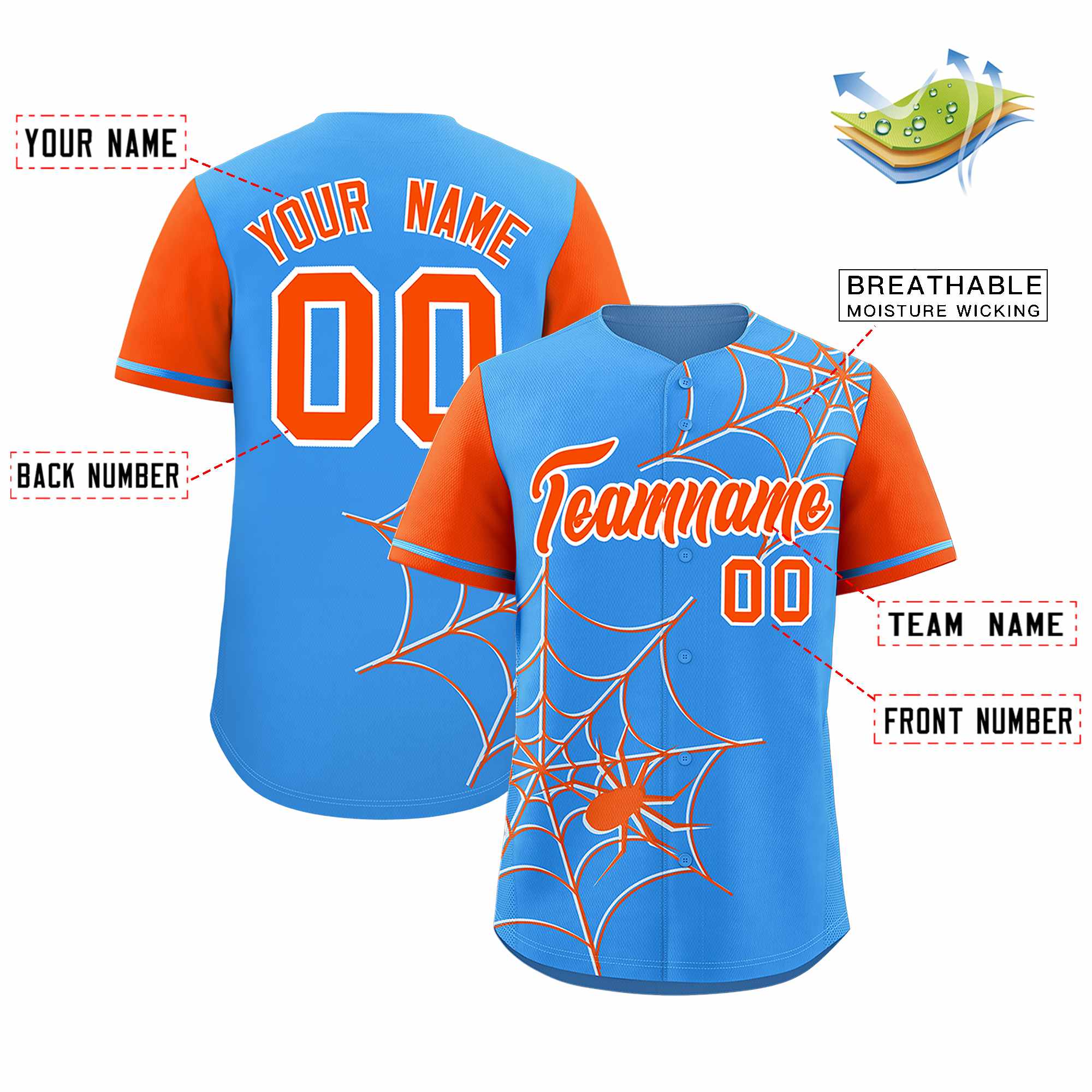 Custom Powder Blue-Orange Spider Web Pattern Raglan Sleeves Authentic Baseball Jersey | KXKSHOP