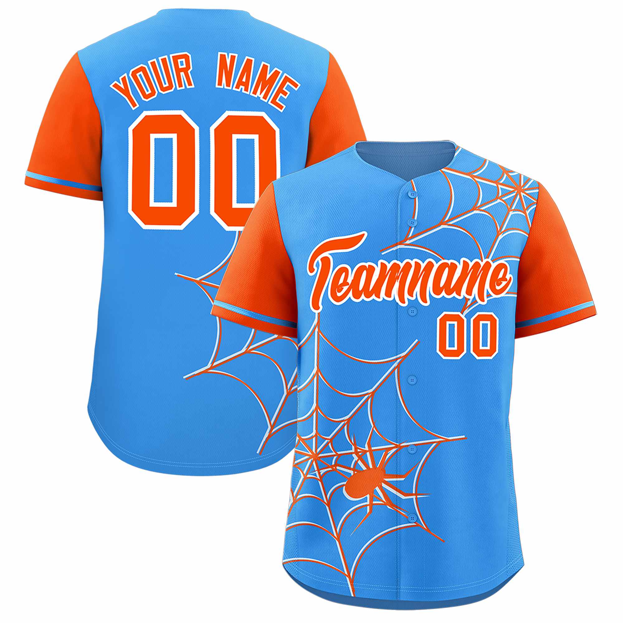 Custom Powder Blue-Orange Spider Web Pattern Raglan Sleeves Authentic Baseball Jersey | KXKSHOP