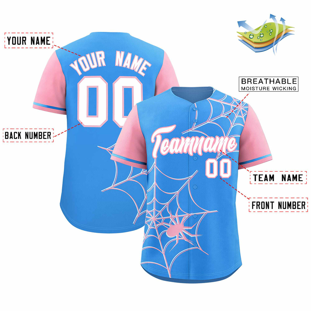 Custom Powder Blue-Light Pink Spider Web Pattern Raglan Sleeves Authentic Baseball Jersey | KXKSHOP
