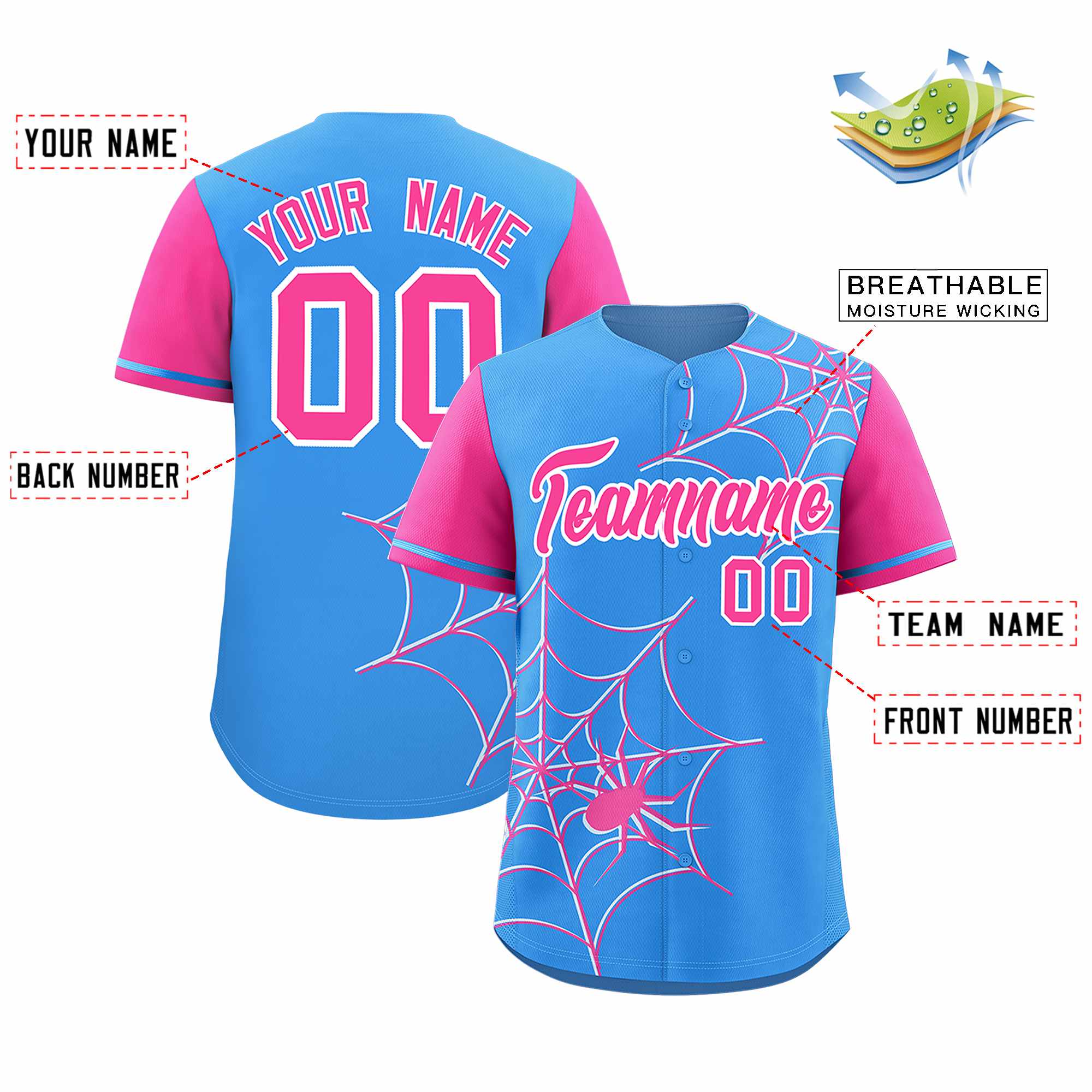 Custom Powder Blue-Pink Spider Web Pattern Raglan Sleeves Authentic Baseball Jersey | KXKSHOP