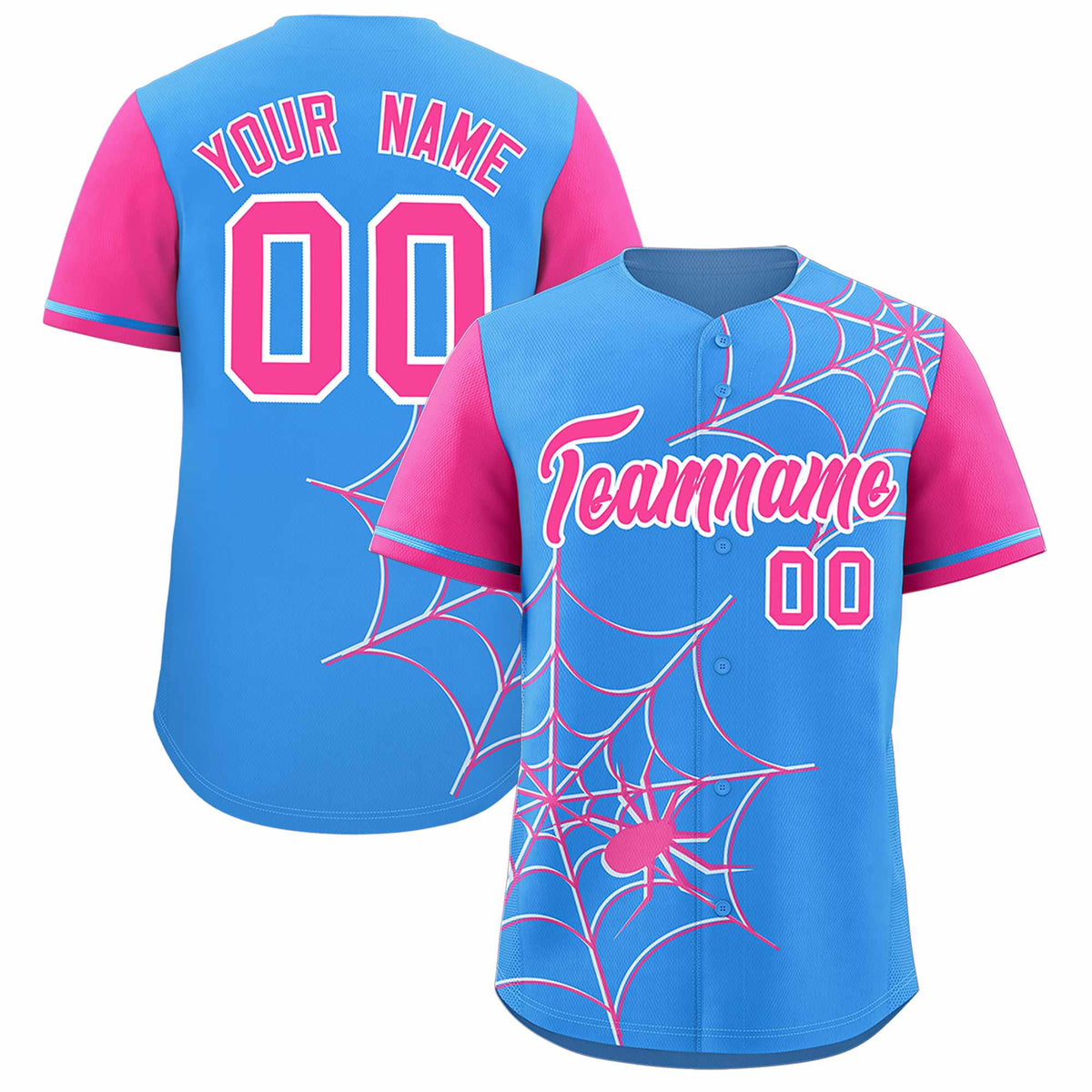 Custom Powder Blue-Pink Spider Web Pattern Raglan Sleeves Authentic Baseball Jersey | KXKSHOP