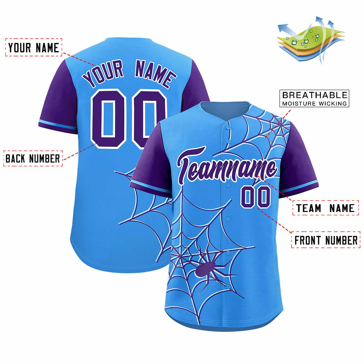 Custom Powder Blue-Purple Spider Web Pattern Raglan Sleeves Authentic Baseball Jersey | KXKSHOP