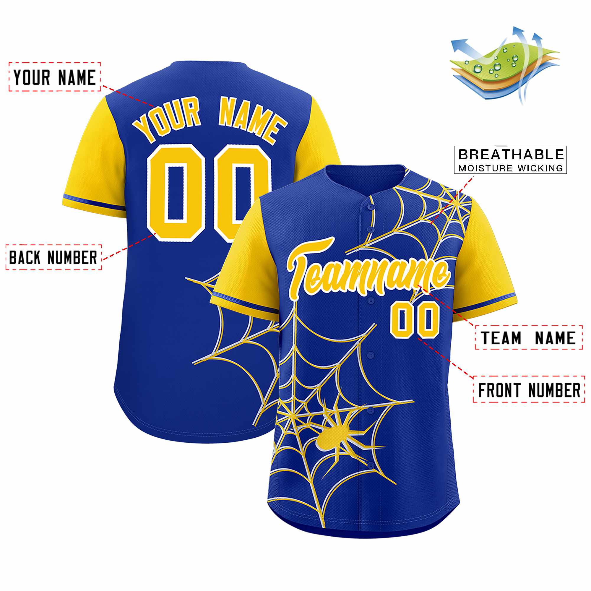 Custom Royal-Gold Spider Web Pattern Raglan Sleeves Authentic Baseball Jersey | KXKSHOP