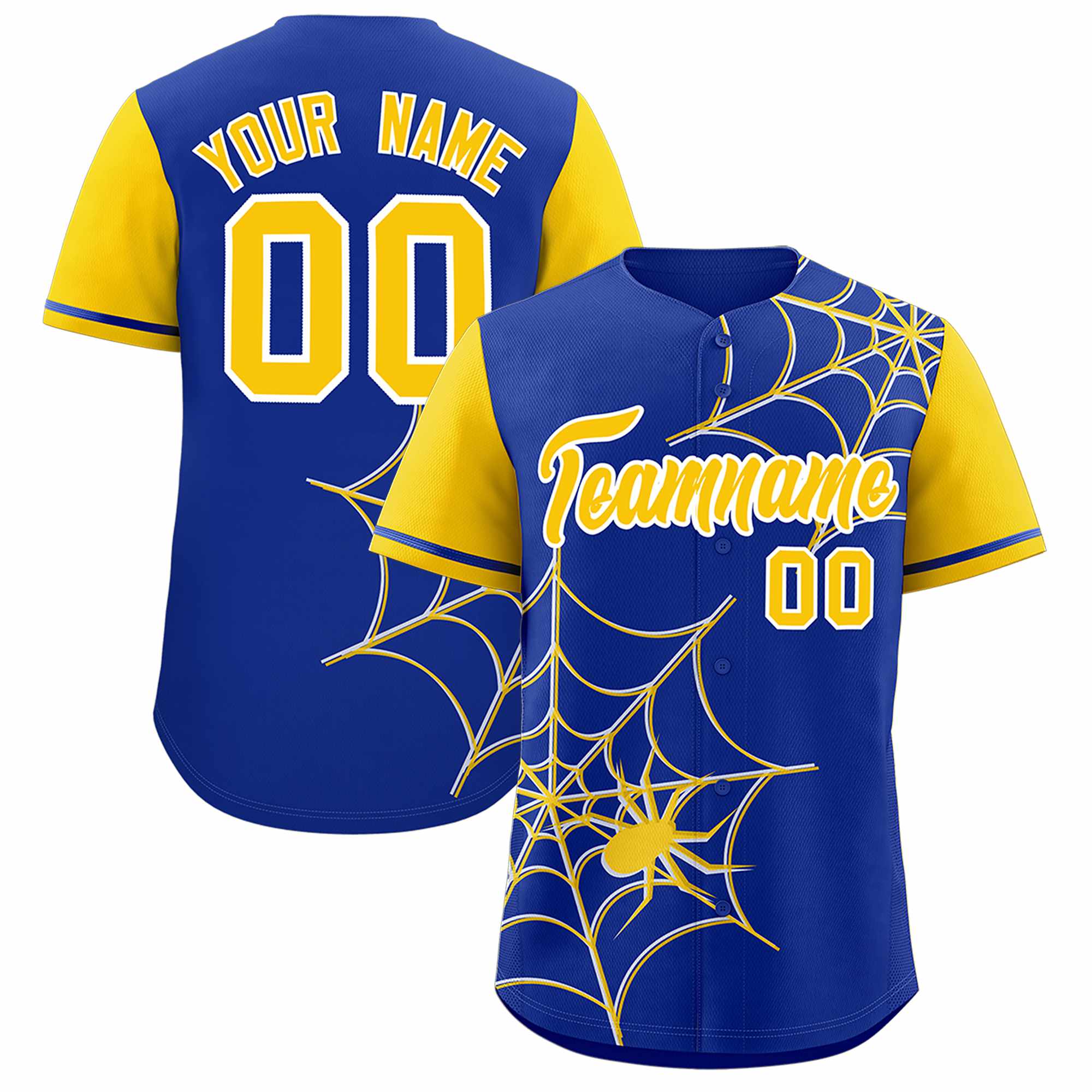 Custom Royal-Gold Spider Web Pattern Raglan Sleeves Authentic Baseball Jersey | KXKSHOP