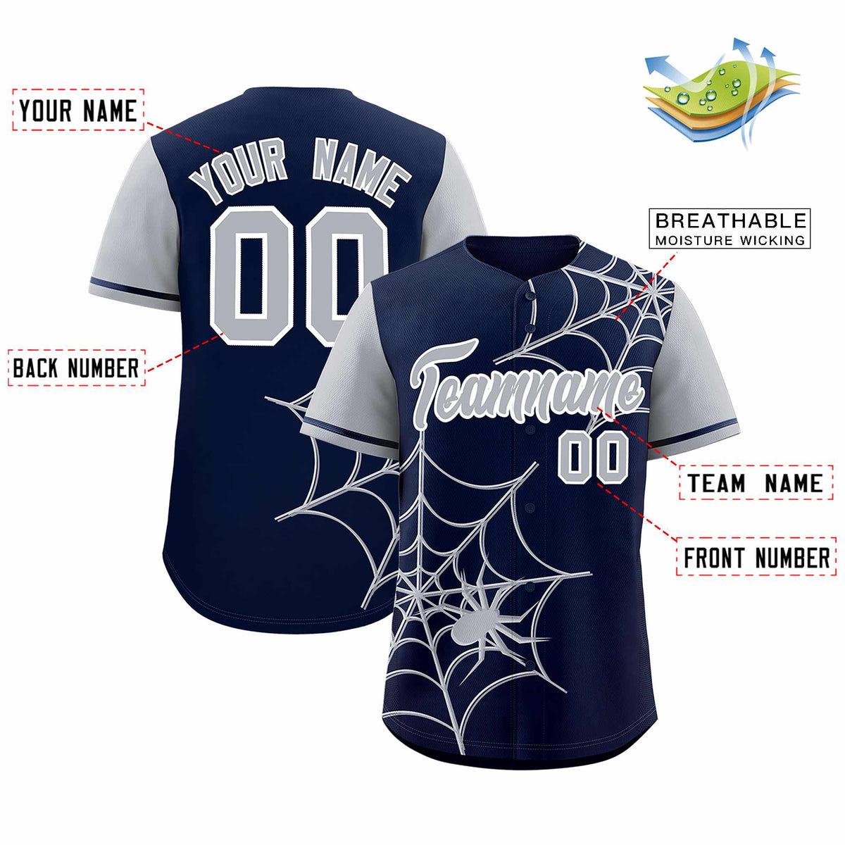 Custom Navy-Gray Spider Web Pattern Raglan Sleeves Authentic Baseball Jersey | KXKSHOP