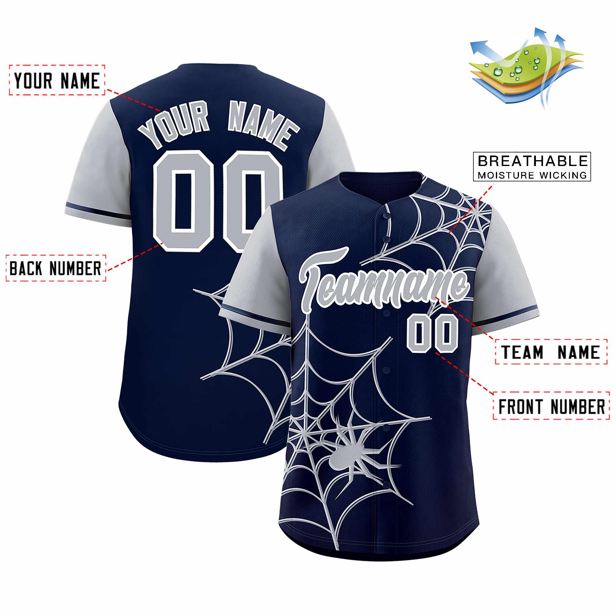 Custom Navy-Gray Spider Web Pattern Raglan Sleeves Authentic Baseball Jersey | KXKSHOP