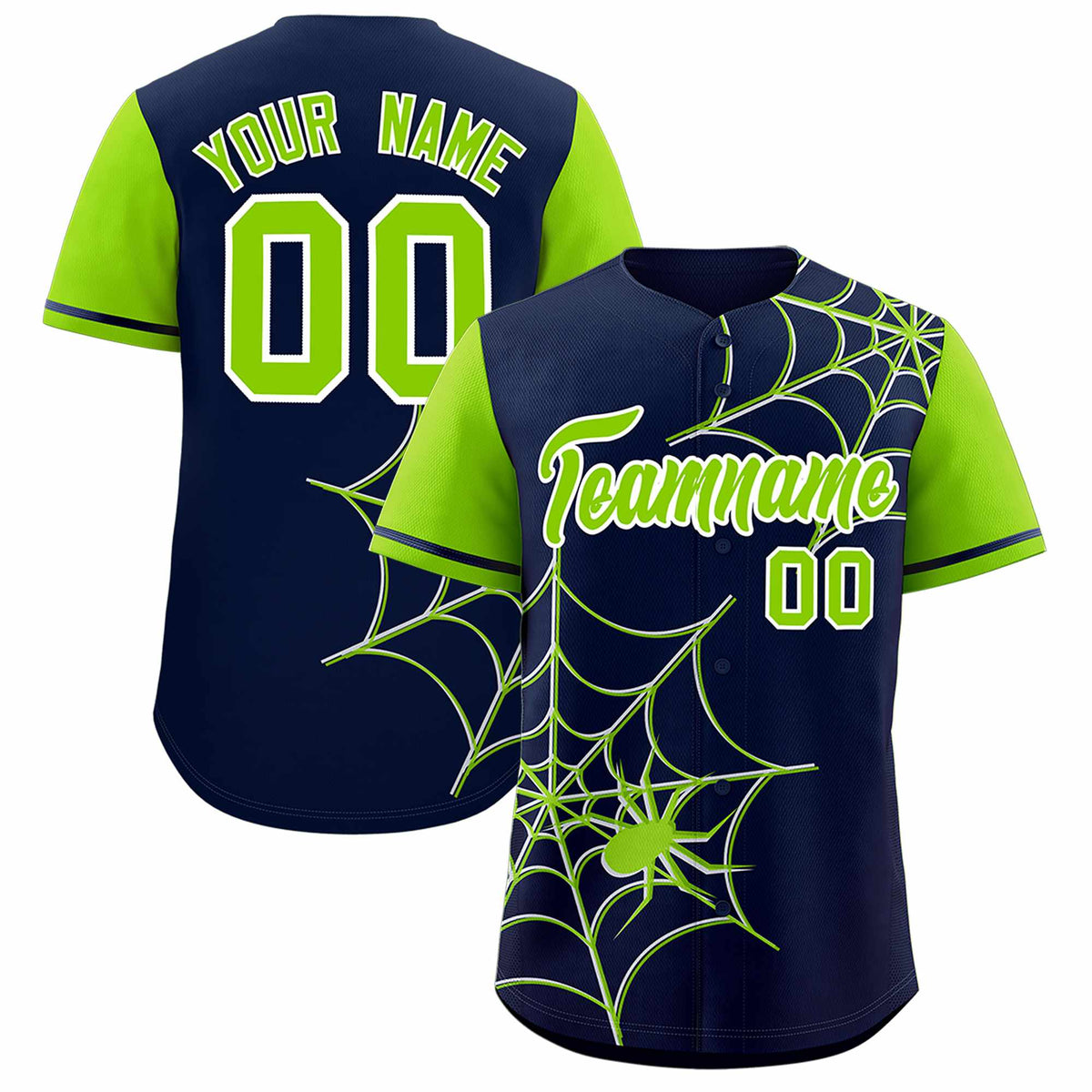 Custom Navy-Neon Green Spider Web Pattern Raglan Sleeves Authentic Baseball Jersey | KXKSHOP