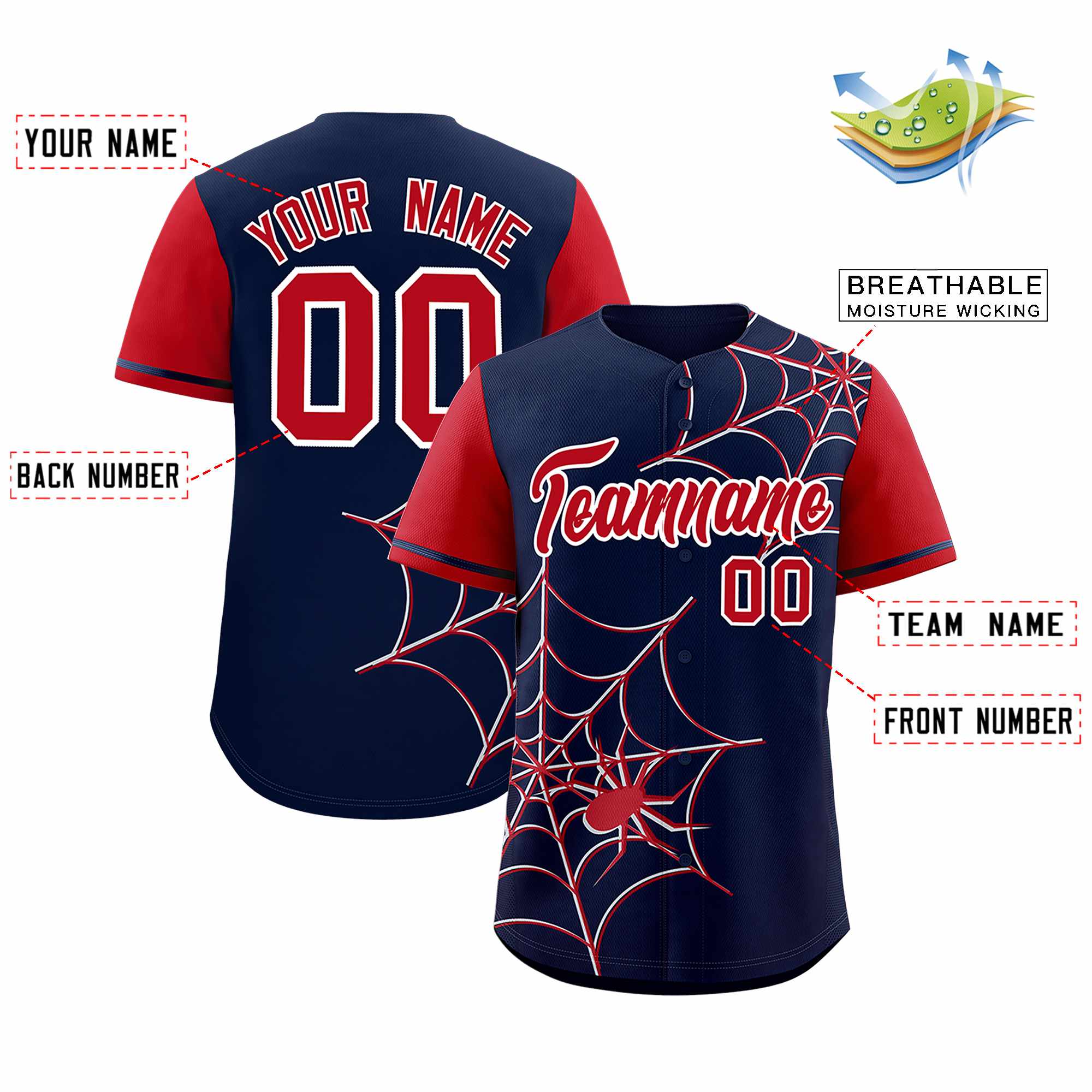 Custom Navy Red Spider Web Pattern Raglan Sleeves Authentic Baseball Jersey | KXKSHOP