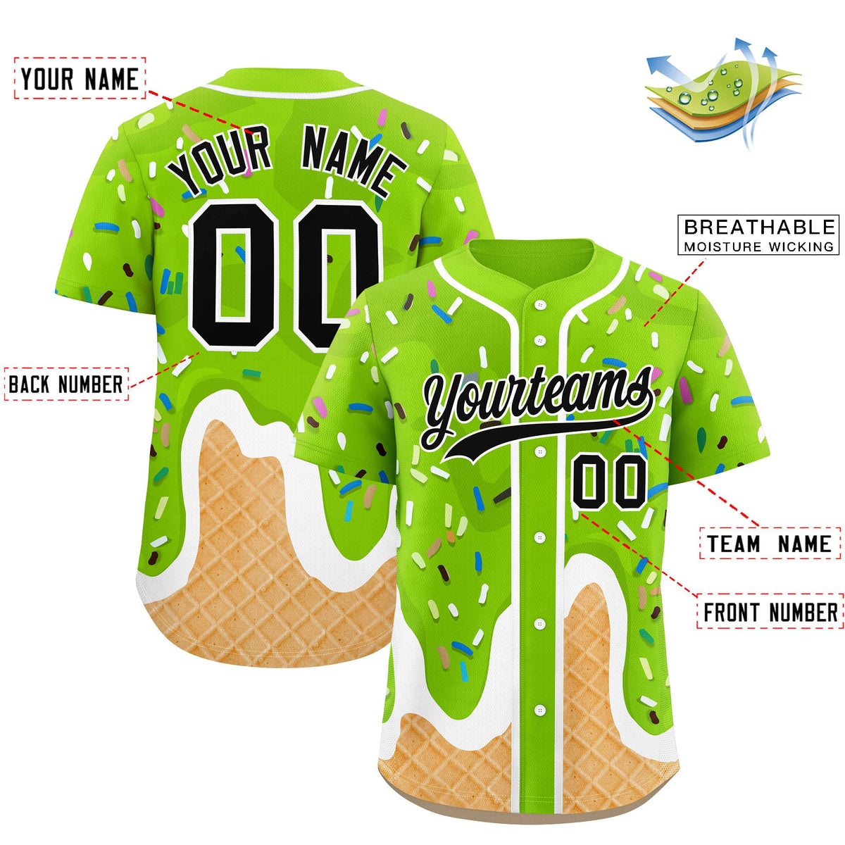 Custom Neon Green Ice Cream Cone Graffiti Pattern Fashion Authentic Baseball Jersey| KXKSHOP
