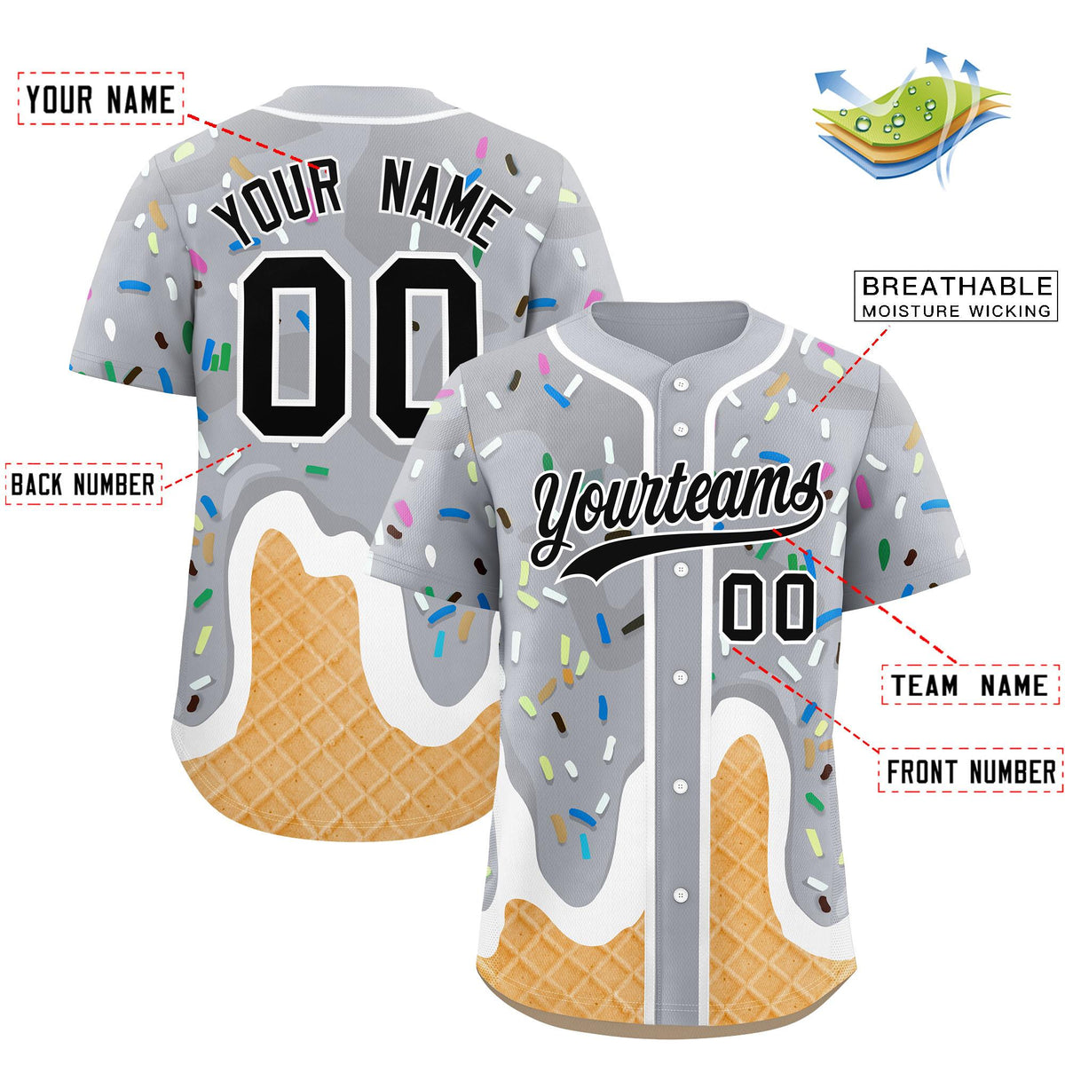 Custom Gray Ice Cream Cone Graffiti Pattern Fashion Authentic Baseball Jersey| KXKSHOP
