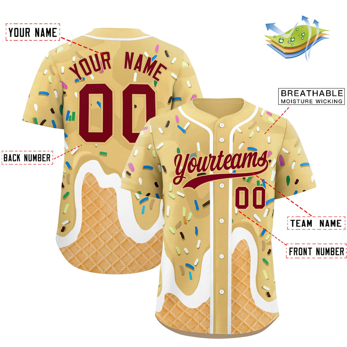 Custom Khaki Ice Cream Cone Graffiti Pattern Fashion Authentic Baseball Jersey| KXKSHOP