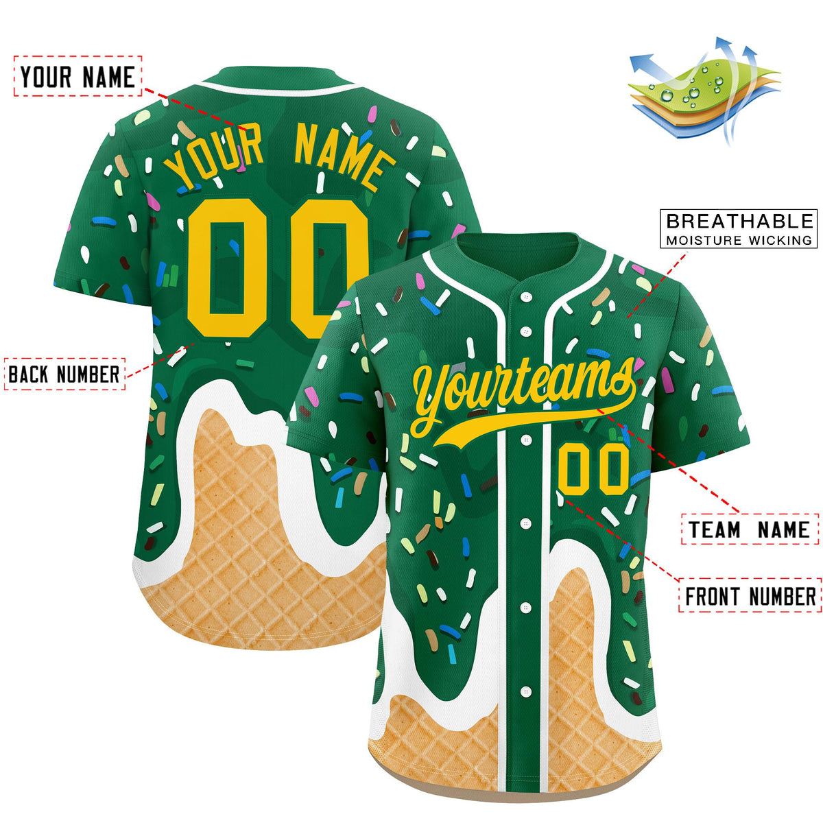 Custom Kelly Green Ice Cream Cone Graffiti Pattern Fashion Authentic Baseball Jersey| KXKSHOP