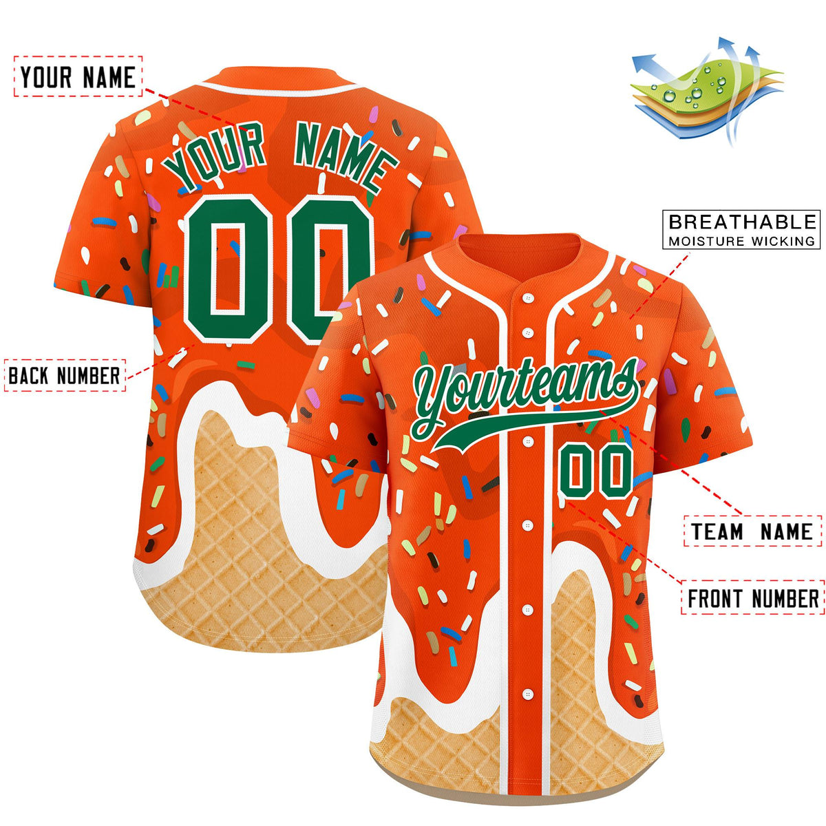 Custom Orange Ice Cream Cone Graffiti Pattern Fashion Authentic Baseball Jersey| KXKSHOP