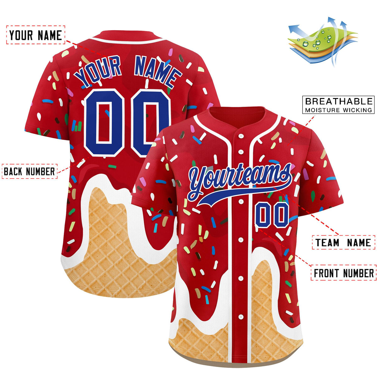 Custom Red Ice Cream Cone Graffiti Pattern Fashion Authentic Baseball Jersey| KXKSHOP