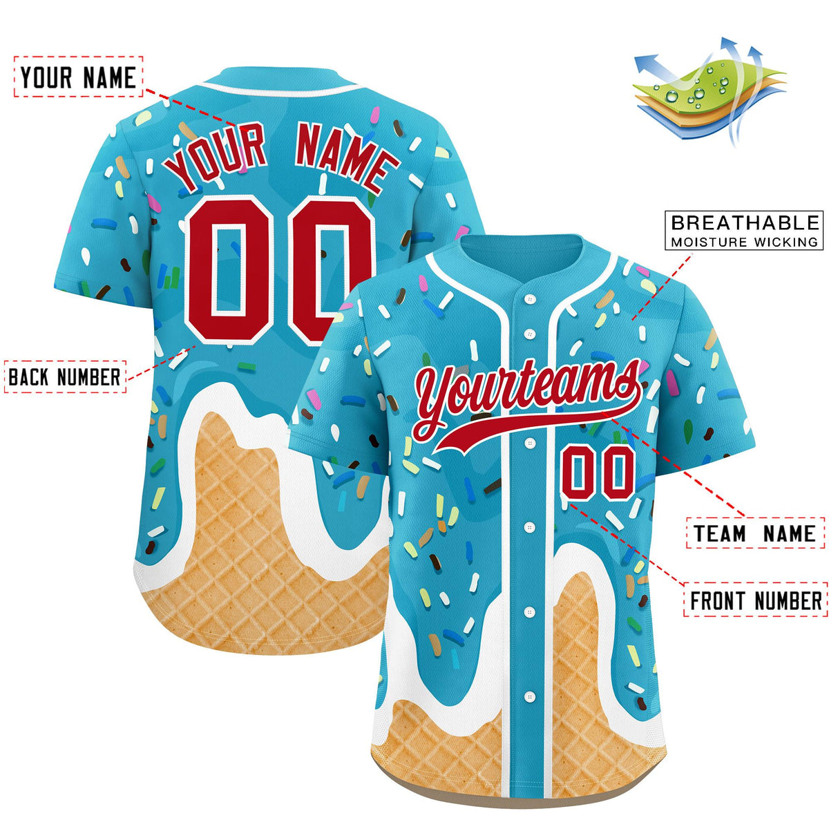 Custom Sky Blue Ice Cream Cone Graffiti Pattern Fashion Authentic Baseball Jersey| KXKSHOP