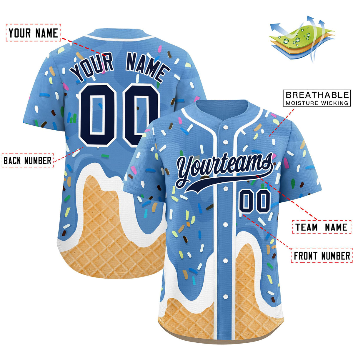 Custom Powder Blue Ice Cream Cone Graffiti Pattern Fashion Authentic Baseball Jersey| KXKSHOP