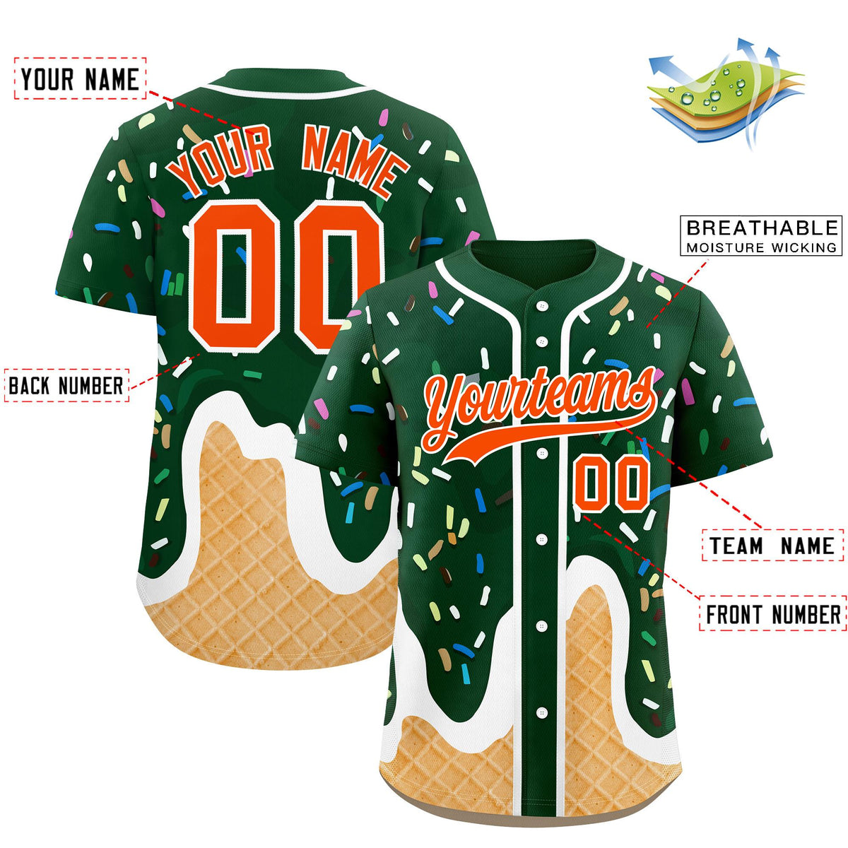 Custom Green Ice Cream Cone Graffiti Pattern Fashion Authentic Baseball Jersey| KXKSHOP