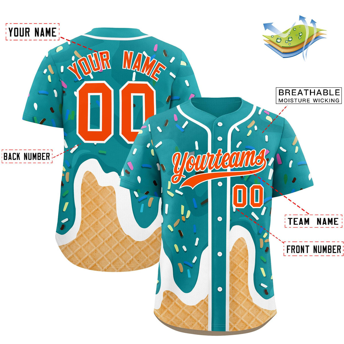 Custom Aqua Ice Cream Cone Graffiti Pattern Fashion Authentic Baseball Jersey| KXKSHOP