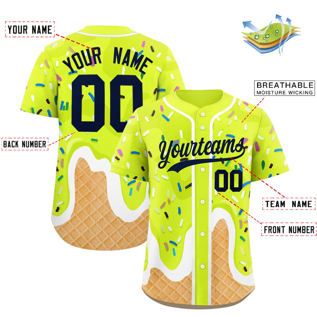 Custom Fluorescent Green Ice Cream Cone Graffiti Pattern Fashion Authentic Baseball Jersey| KXKSHOP