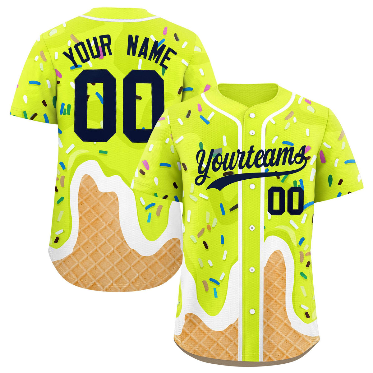 Custom Fluorescent Green Ice Cream Cone Graffiti Pattern Fashion Authentic Baseball Jersey| KXKSHOP