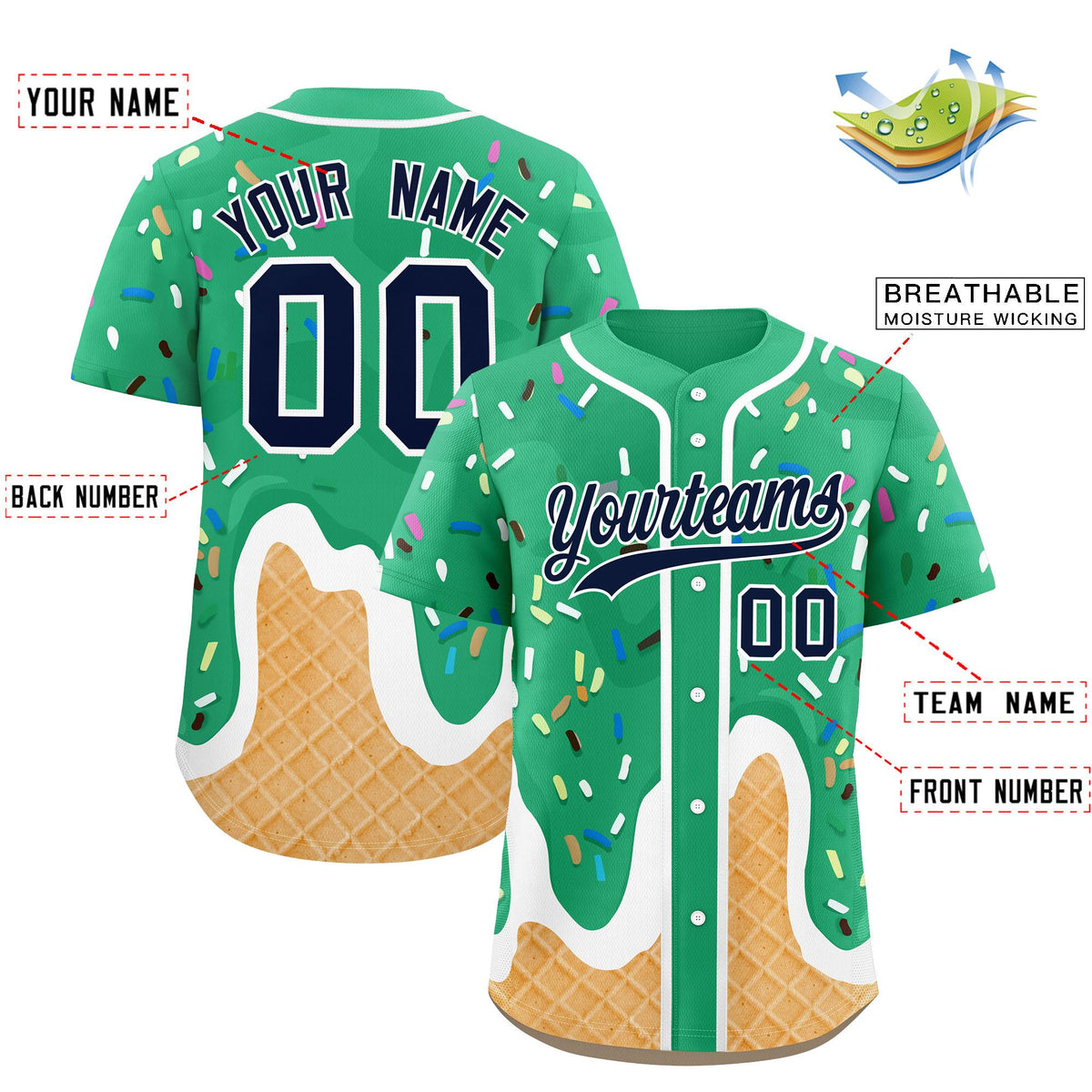 Custom Brilliant Green Ice Cream Cone Graffiti Pattern Fashion Authentic Baseball Jersey| KXKSHOP