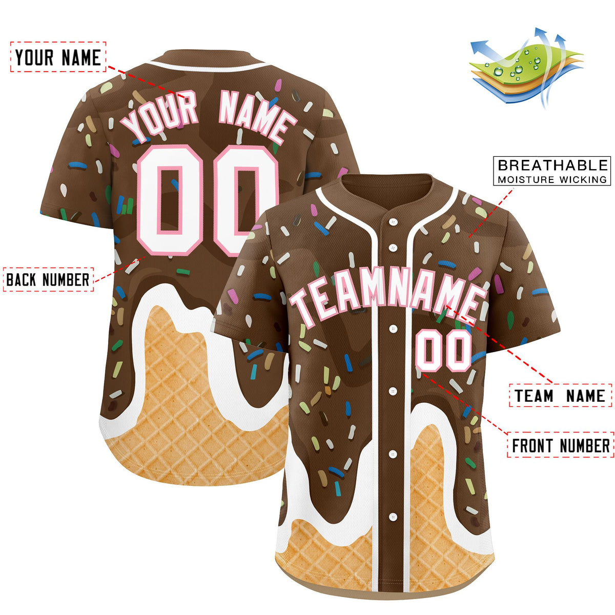 Custom Brown Ice Cream Cone Graffiti Pattern Fashion Authentic Baseball Jersey| KXKSHOP