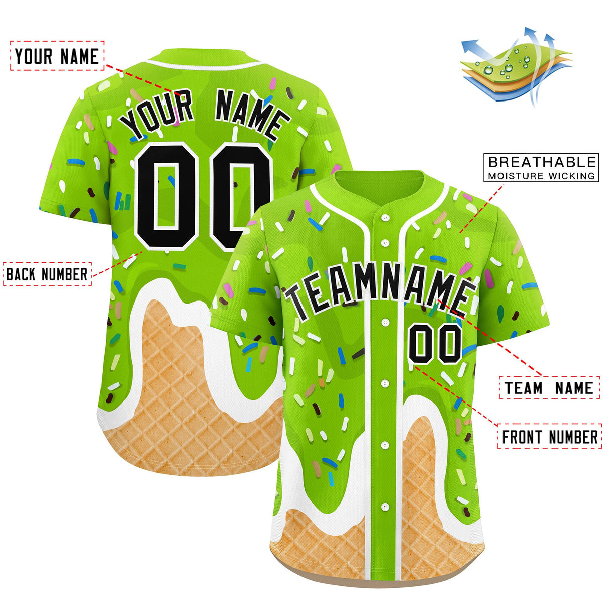Custom Neon Green Ice Cream Cone Graffiti Pattern Fashion Authentic Baseball Jersey| KXKSHOP