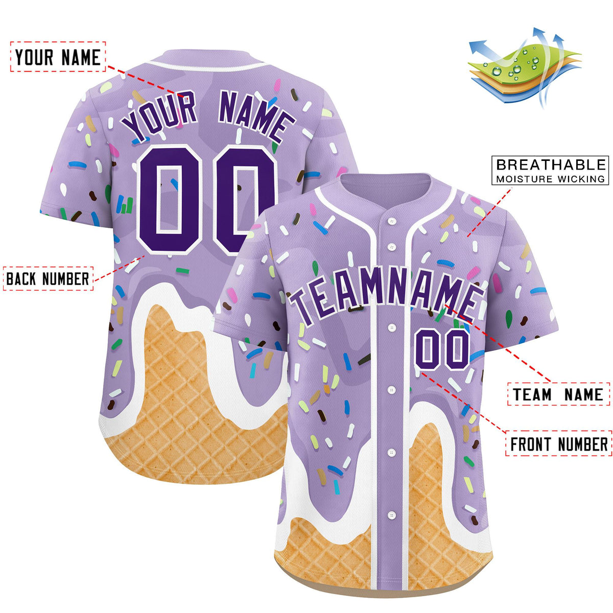 Custom Light Purple Ice Cream Cone Graffiti Pattern Fashion Authentic Baseball Jersey| KXKSHOP