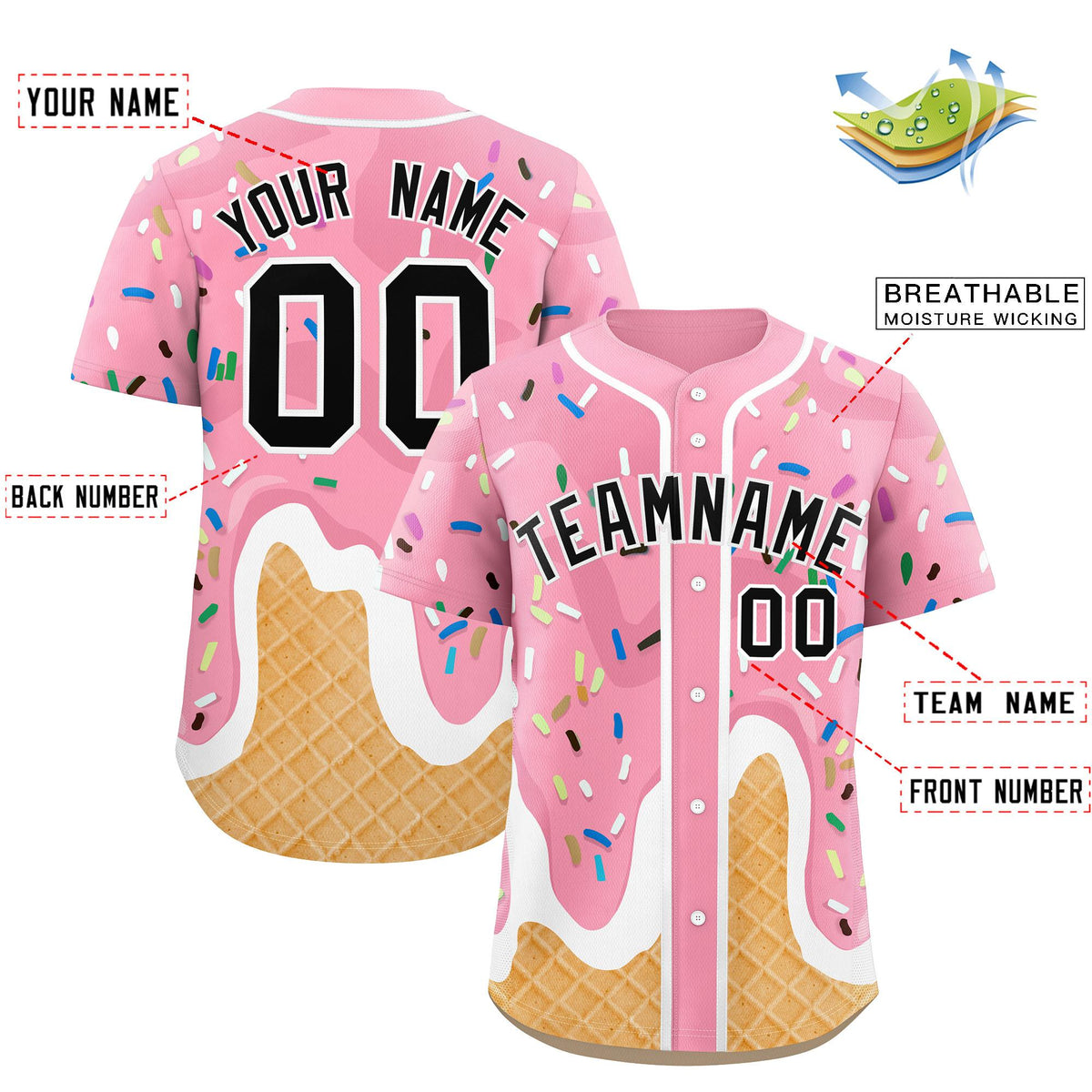 Custom Light Pink Ice Cream Cone Graffiti Pattern Fashion Authentic Baseball Jersey| KXKSHOP