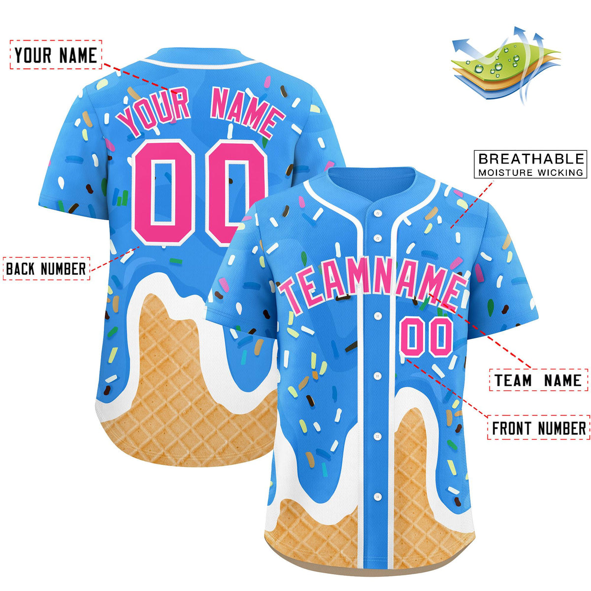 Custom Powder Blue Ice Cream Cone Graffiti Pattern Fashion Authentic Baseball Jersey| KXKSHOP