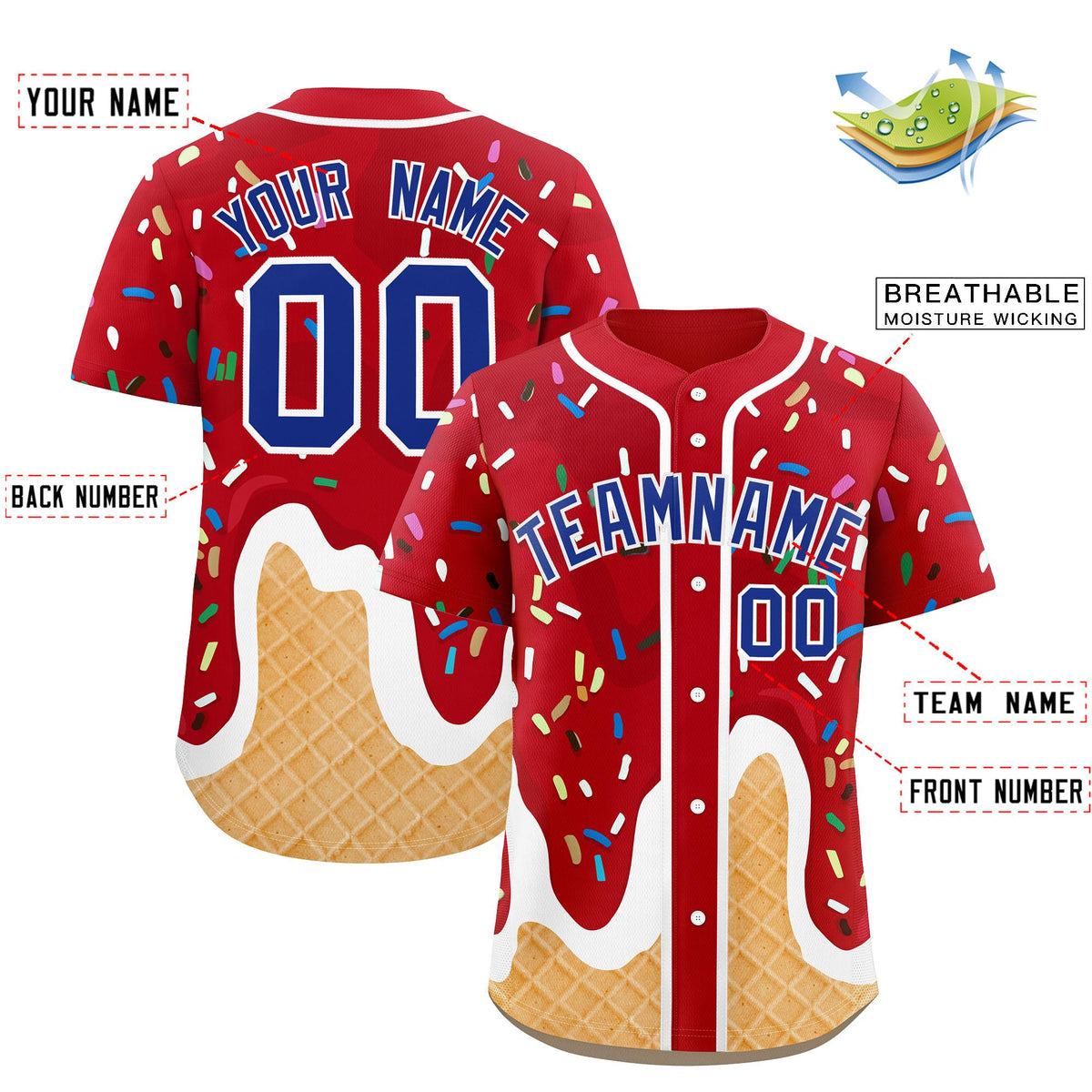 Custom Red Ice Cream Cone Graffiti Pattern Fashion Authentic Baseball Jersey| KXKSHOP