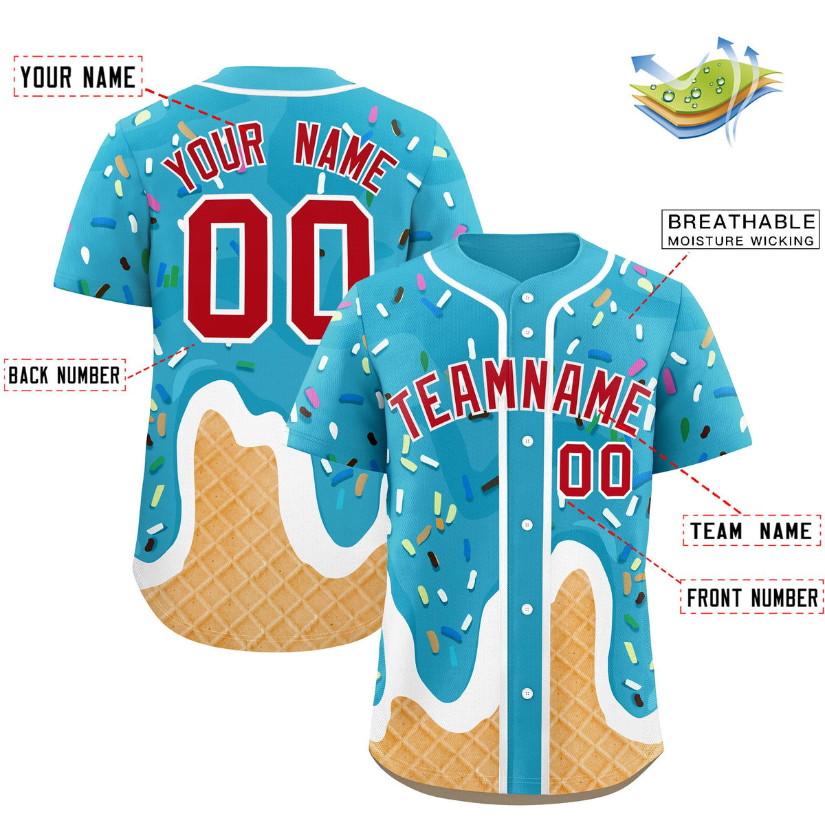 Custom Sky Blue Ice Cream Cone Graffiti Pattern Fashion Authentic Baseball Jersey| KXKSHOP