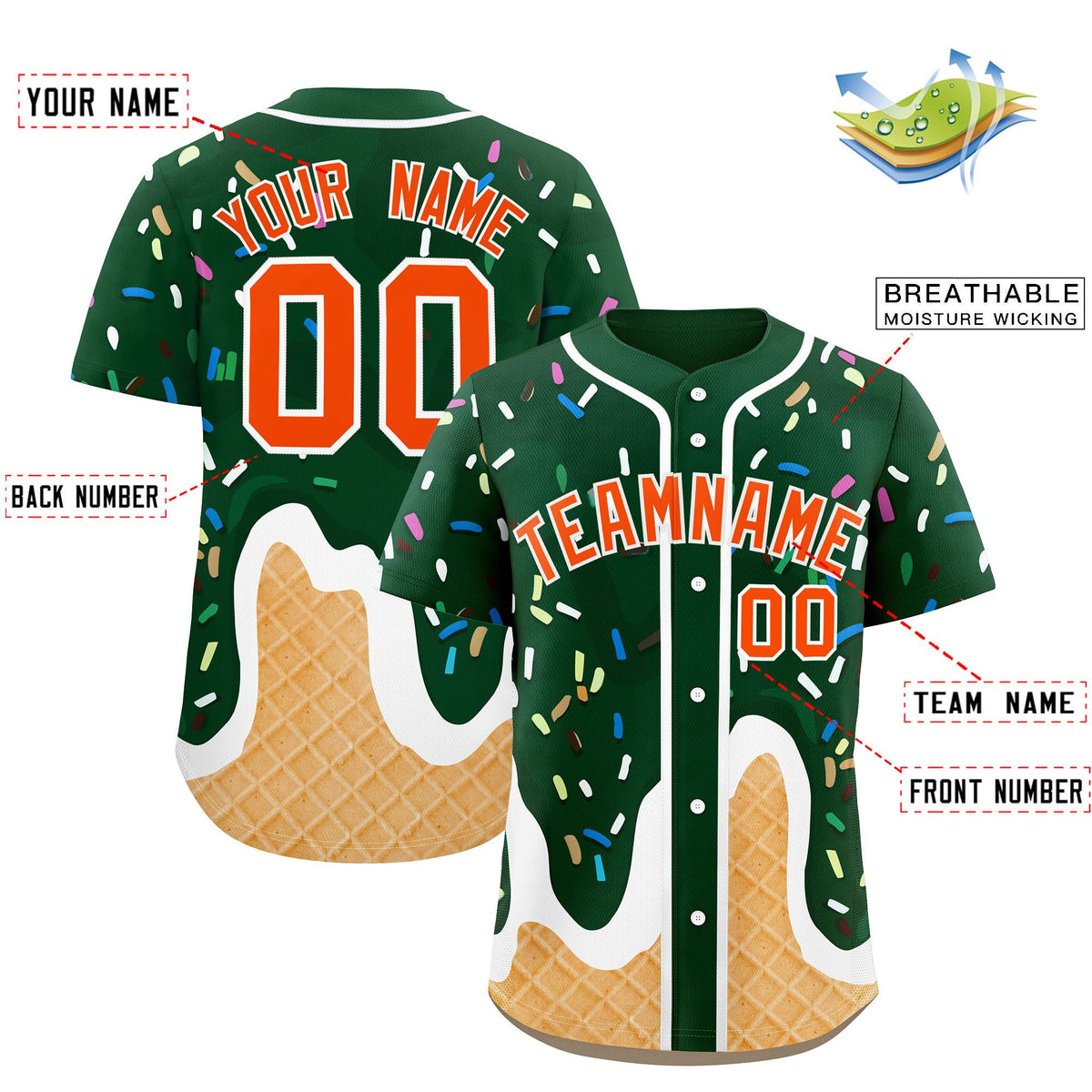 Custom Green Ice Cream Cone Graffiti Pattern Fashion Authentic Baseball Jersey| KXKSHOP