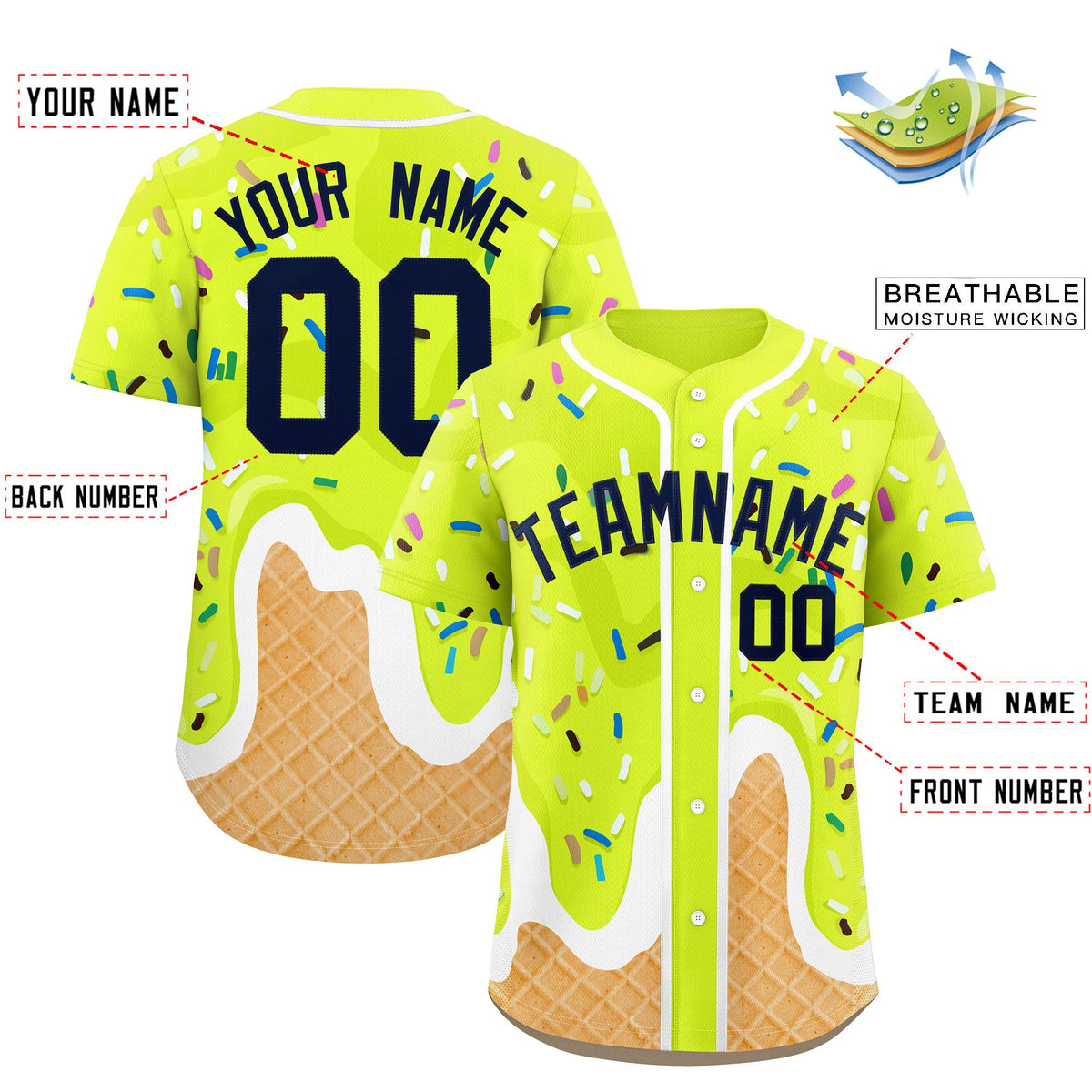 Custom Fluorescent Green Ice Cream Cone Graffiti Pattern Fashion Authentic Baseball Jersey| KXKSHOP