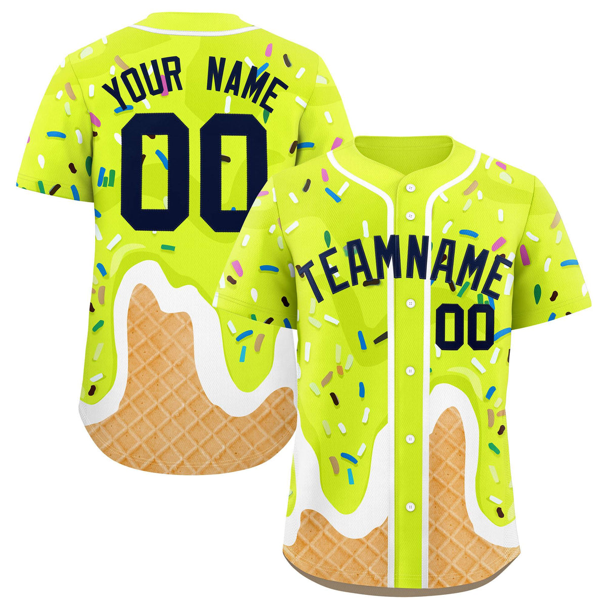 Custom Fluorescent Green Ice Cream Cone Graffiti Pattern Fashion Authentic Baseball Jersey| KXKSHOP