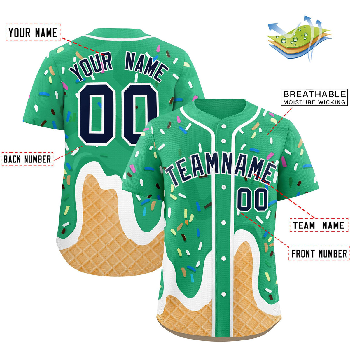 Custom Brilliant Green Ice Cream Cone Graffiti Pattern Fashion Authentic Baseball Jersey| KXKSHOP