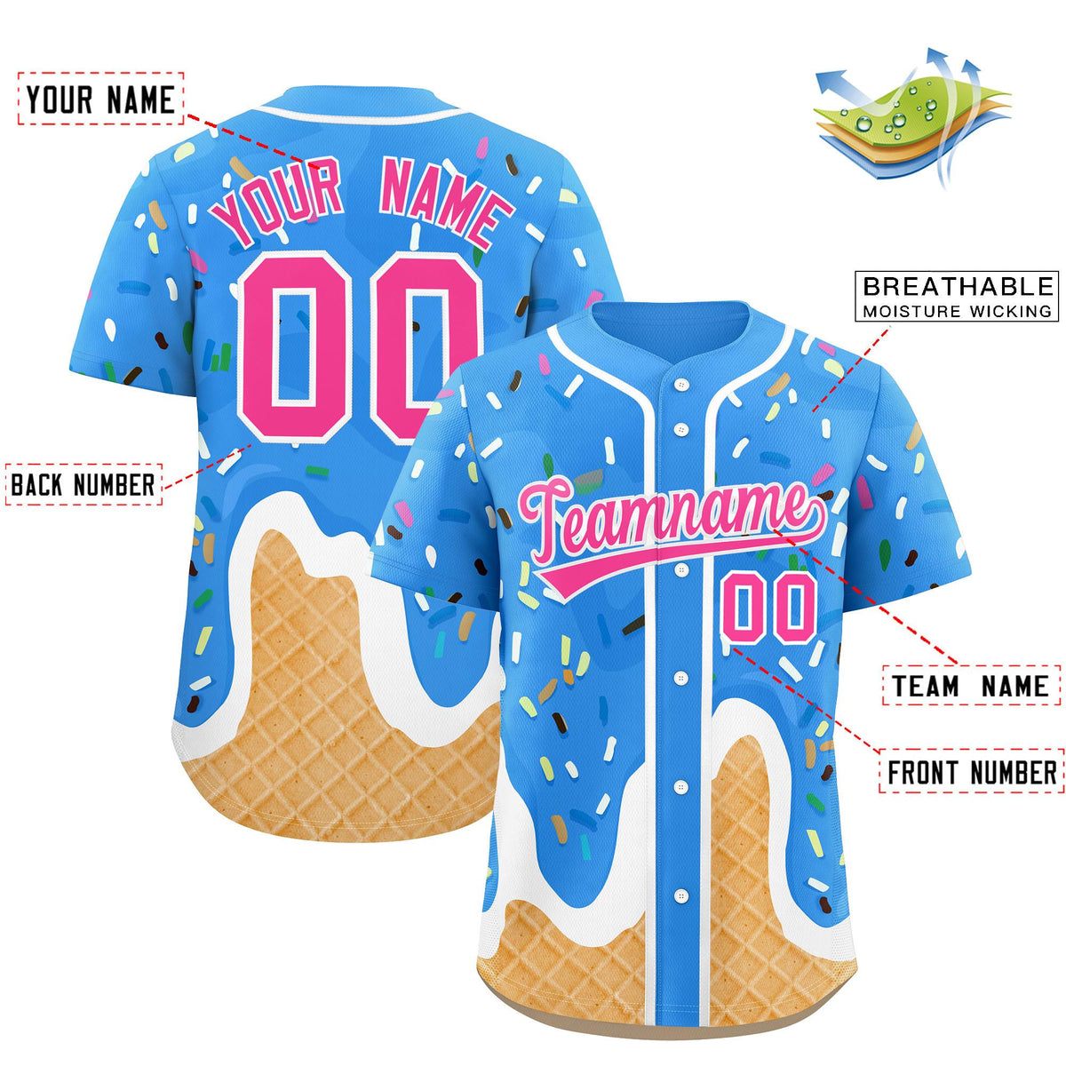 Custom Powder Blue Ice Cream Cone Graffiti Pattern Fashion Authentic Baseball Jersey| KXKSHOP
