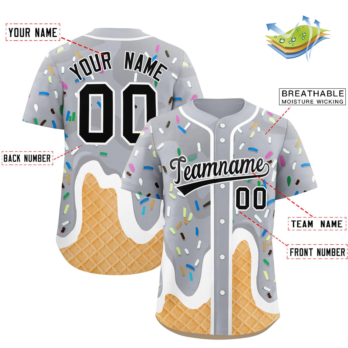 Custom Gray Ice Cream Cone Graffiti Pattern Fashion Authentic Baseball Jersey| KXKSHOP