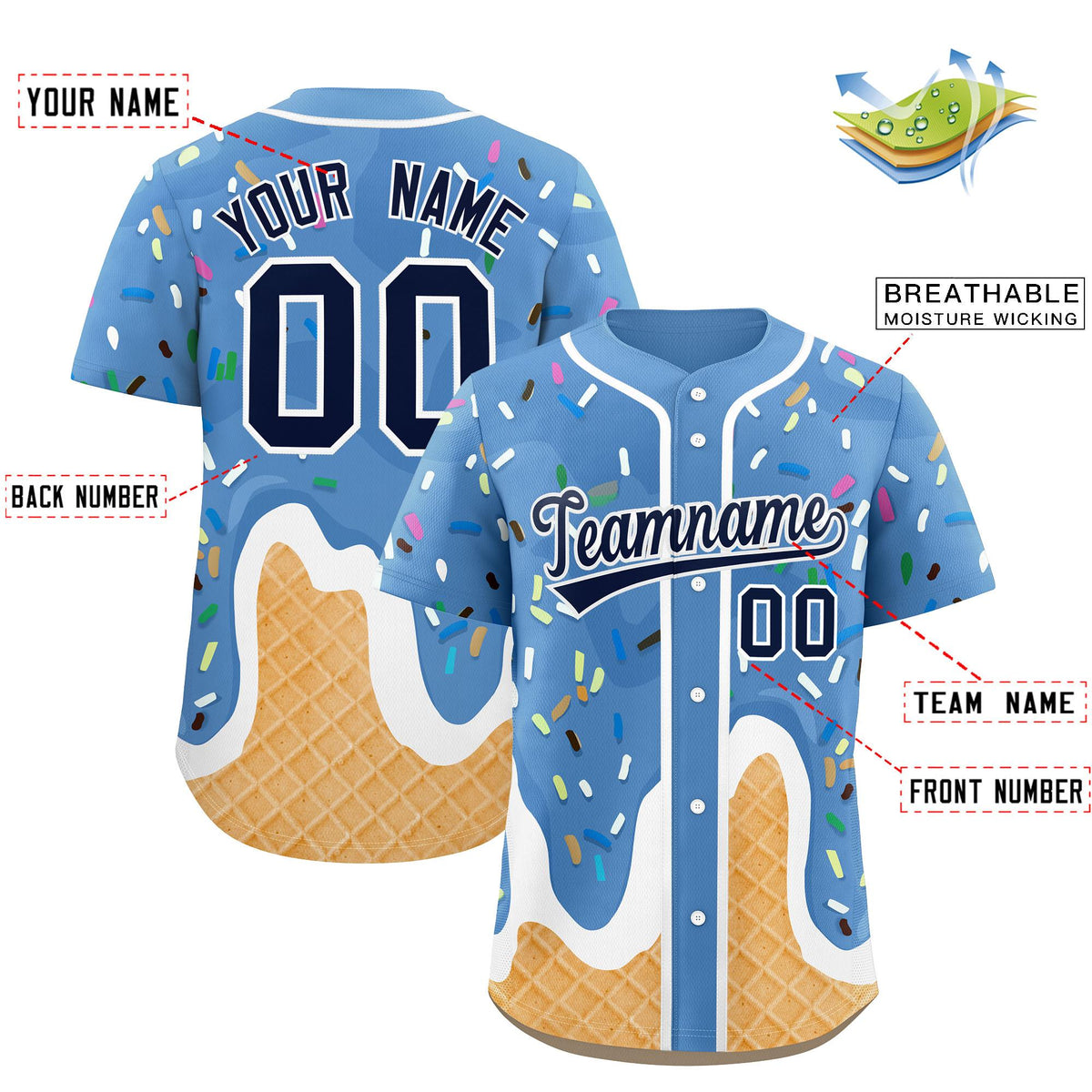Custom Powder Blue Ice Cream Cone Graffiti Pattern Fashion Authentic Baseball Jersey| KXKSHOP