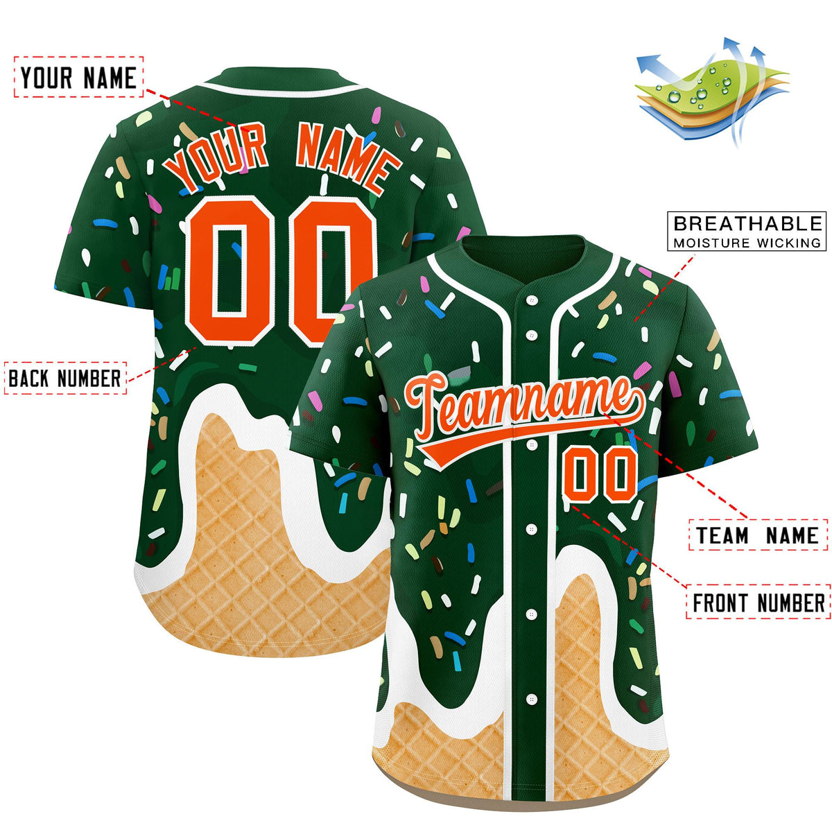 Custom Green Ice Cream Cone Graffiti Pattern Fashion Authentic Baseball Jersey| KXKSHOP