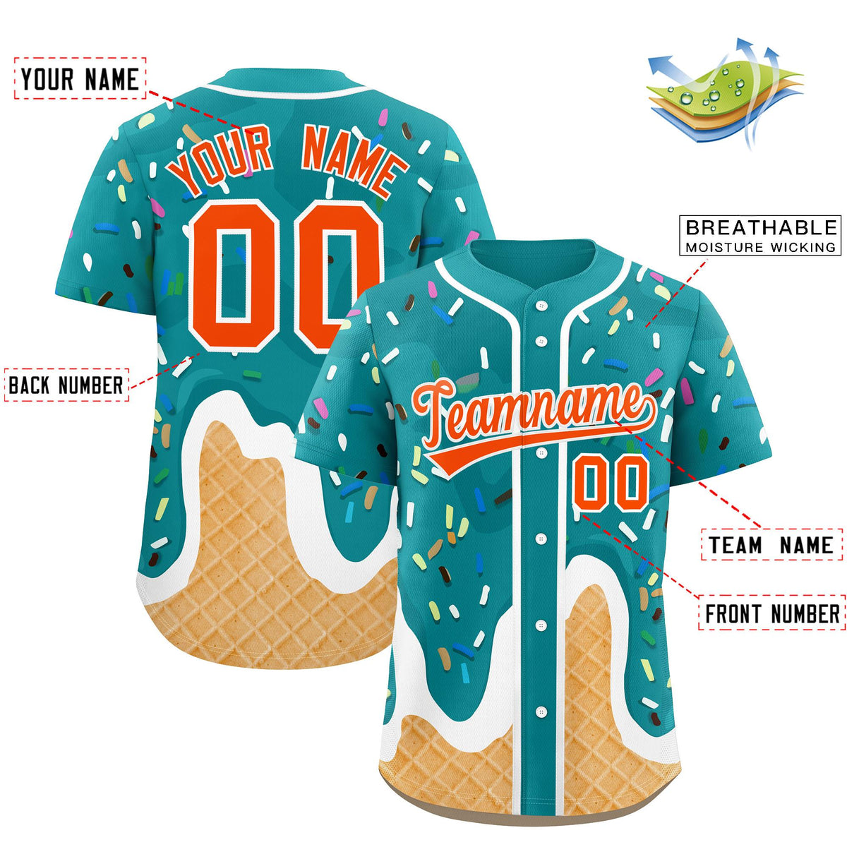 Custom Aqua Ice Cream Cone Graffiti Pattern Fashion Authentic Baseball Jersey| KXKSHOP