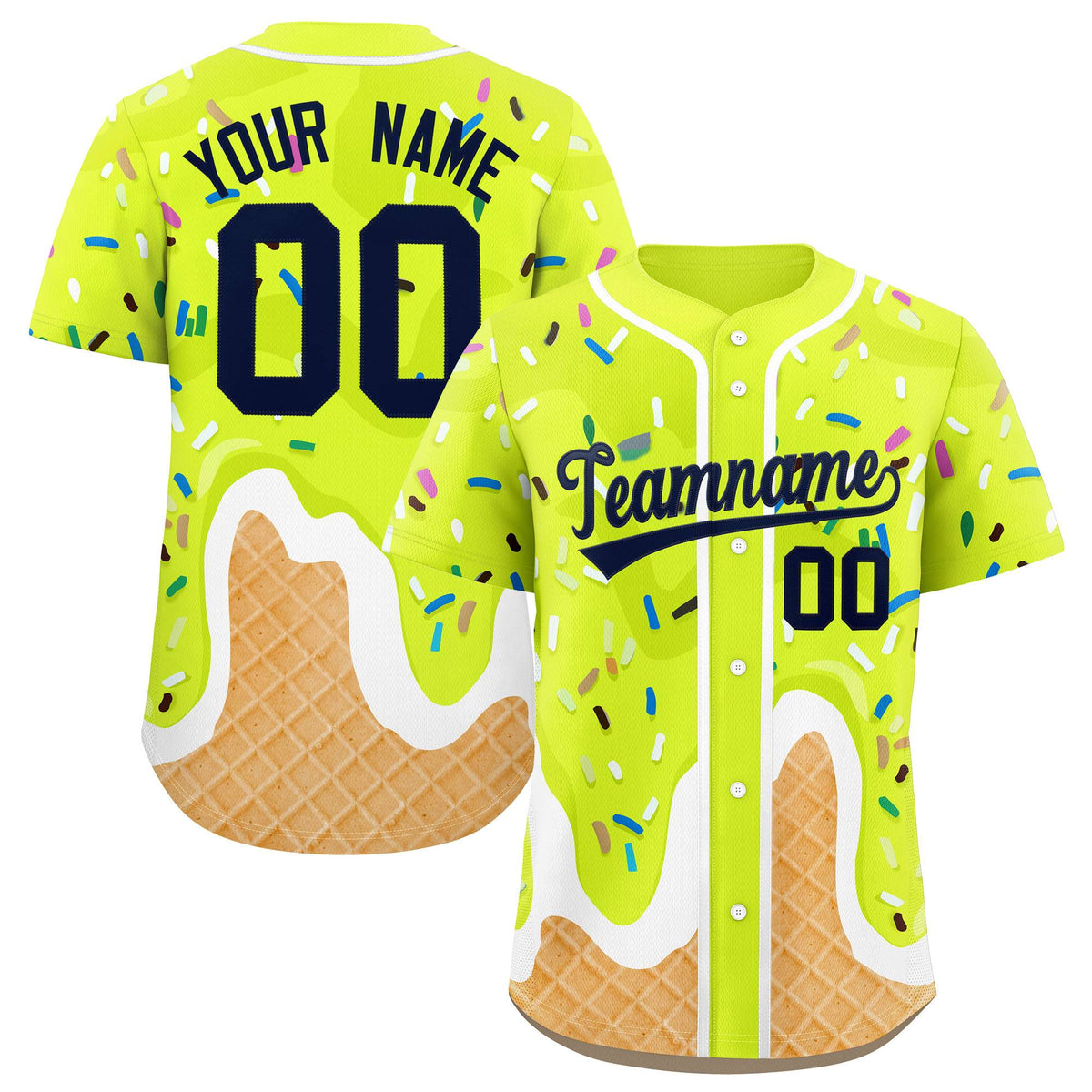 Custom Fluorescent Green Ice Cream Cone Graffiti Pattern Fashion Authentic Baseball Jersey| KXKSHOP