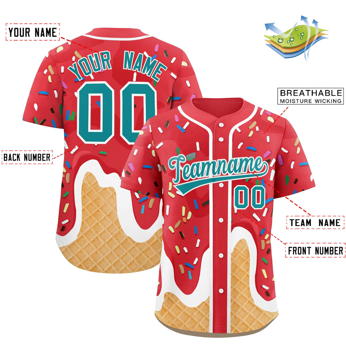 Custom Light Red Ice Cream Cone Graffiti Pattern Fashion Authentic Baseball Jersey| KXKSHOP