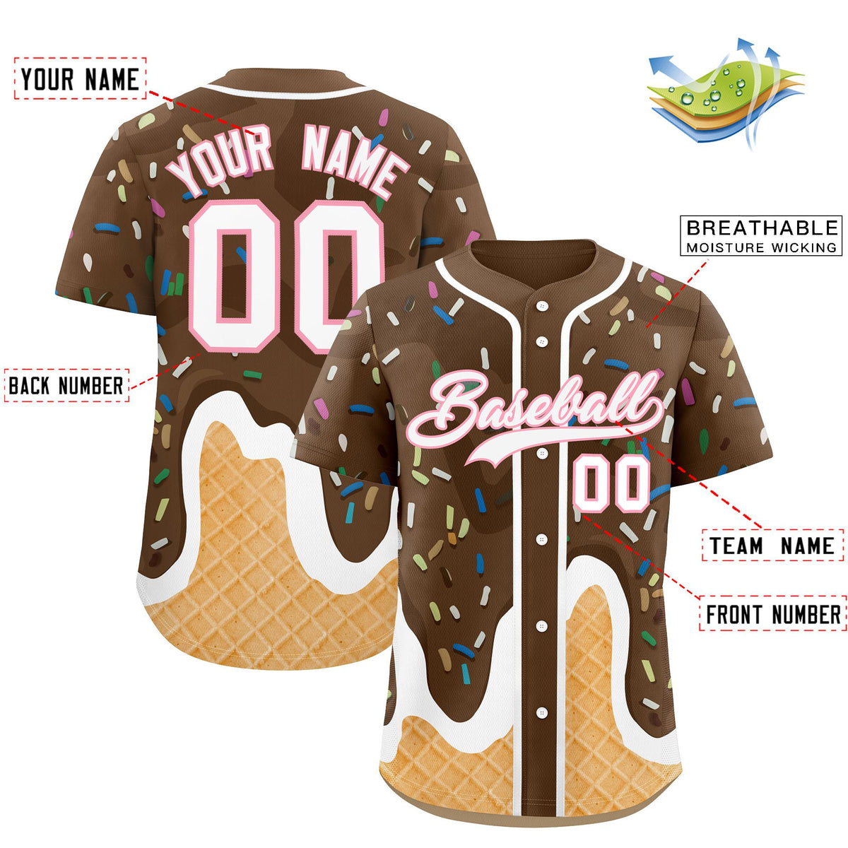 Custom Brown Ice Cream Cone Graffiti Pattern Fashion Authentic Baseball Jersey| KXKSHOP