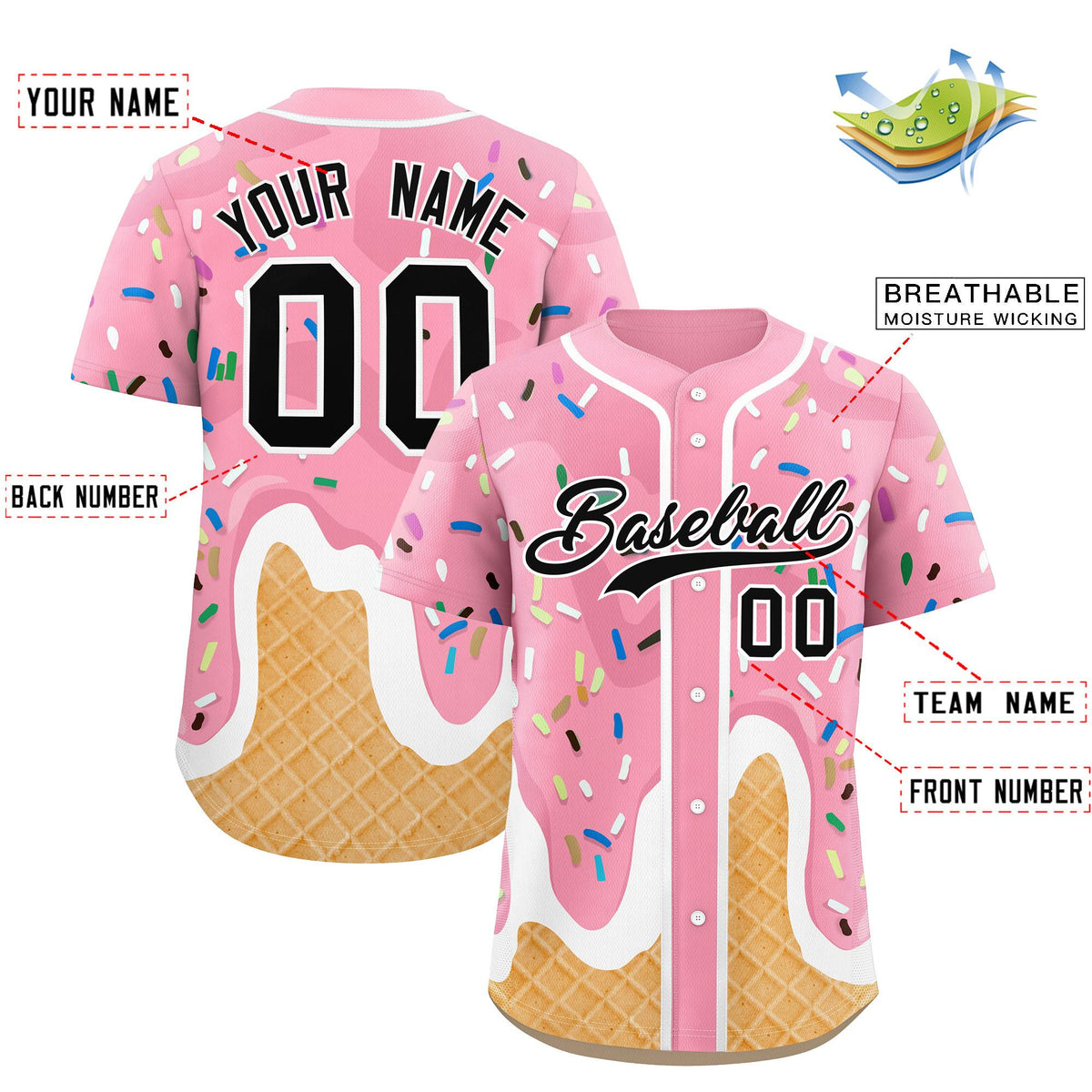 Custom Light Pink Ice Cream Cone Graffiti Pattern Fashion Authentic Baseball Jersey| KXKSHOP